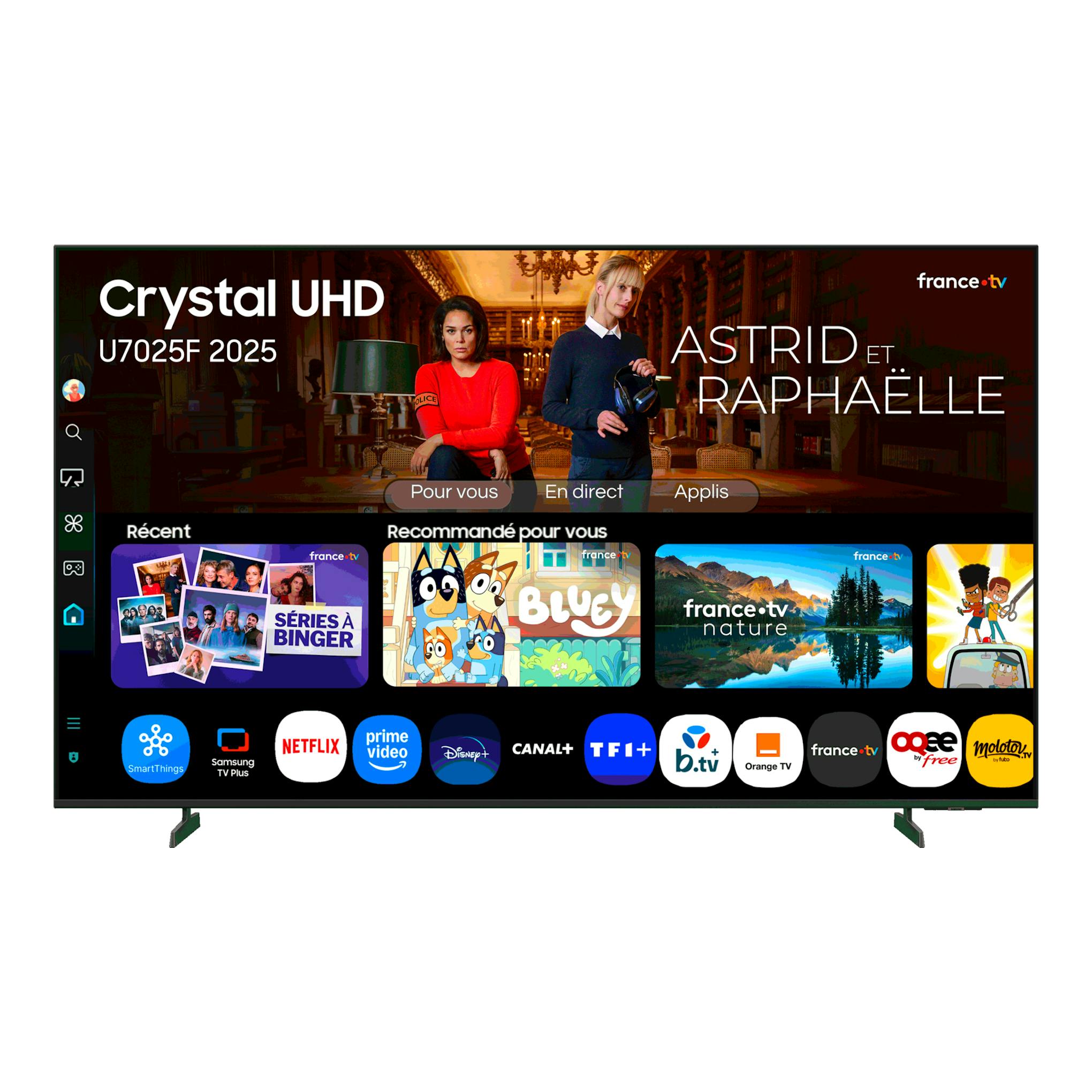 Televisor Samsung Crystal UHD U7025F 2025, vista frontal, pantalla negra con interfaz Smart TV y dos patas.
