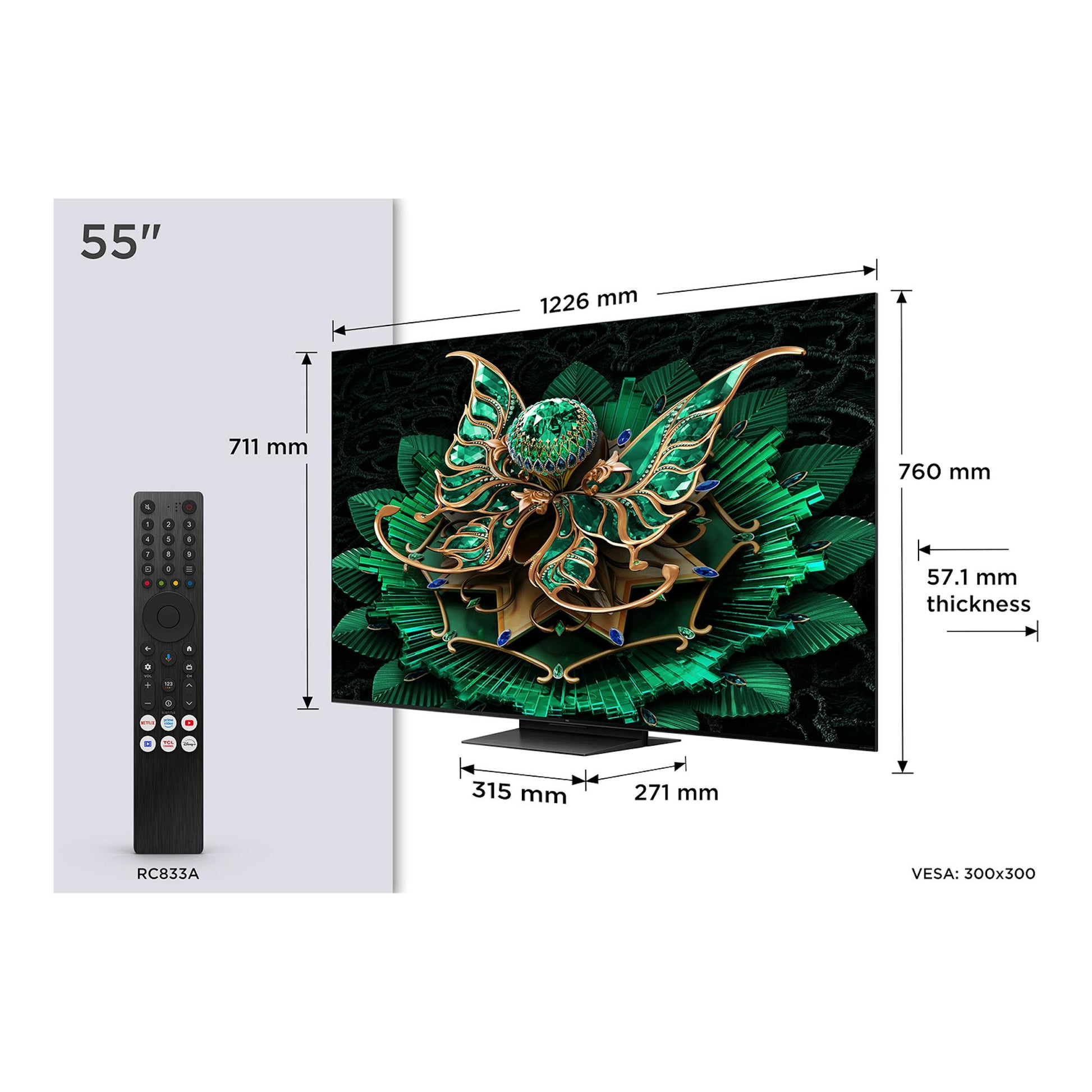 Televisor TCL 55C7K de 55", vista frontal, pantalla negra con base y medidas indicadas en milímetros.