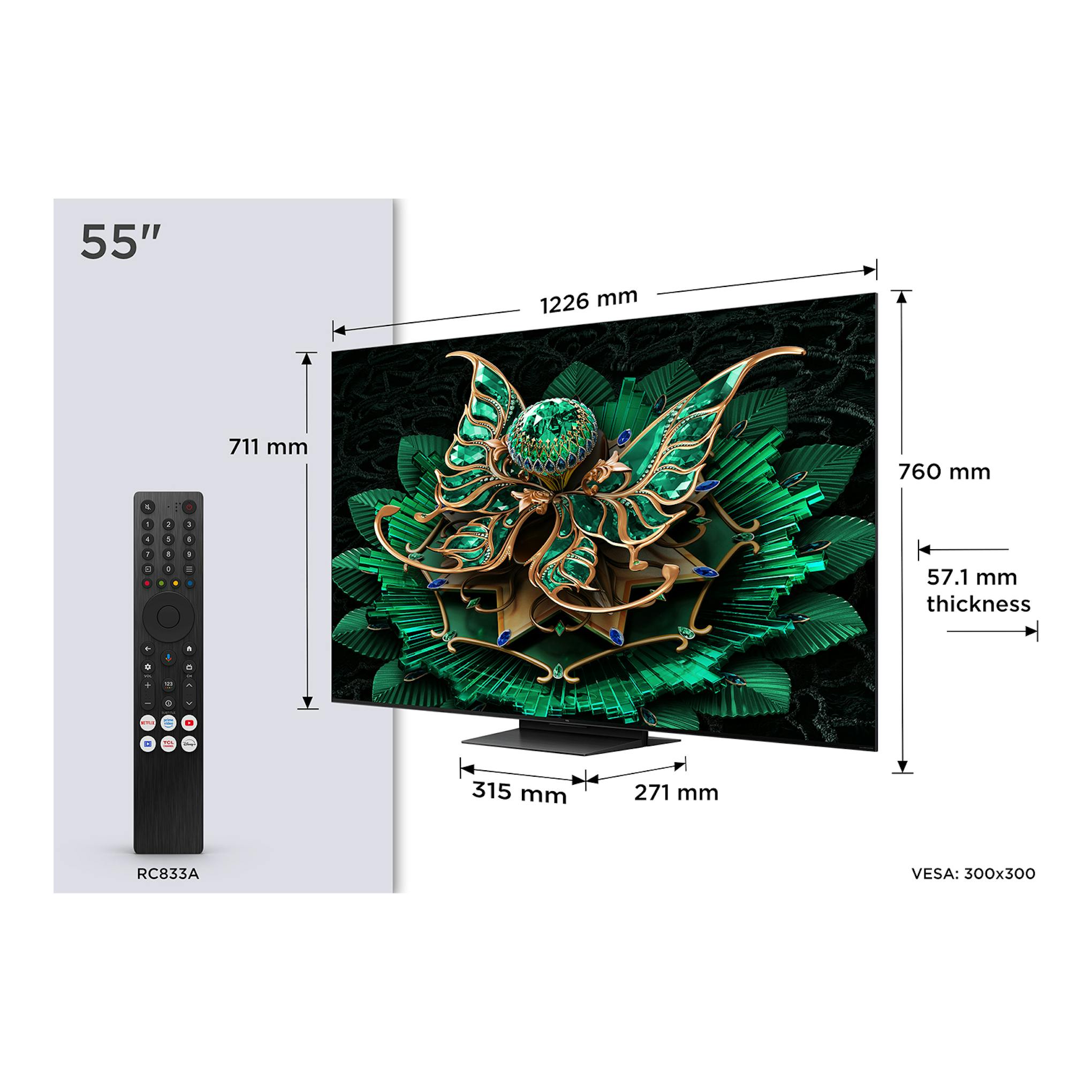 Televisor TCL 55C7K de 55", vista frontal, pantalla negra con base y medidas indicadas en milímetros.