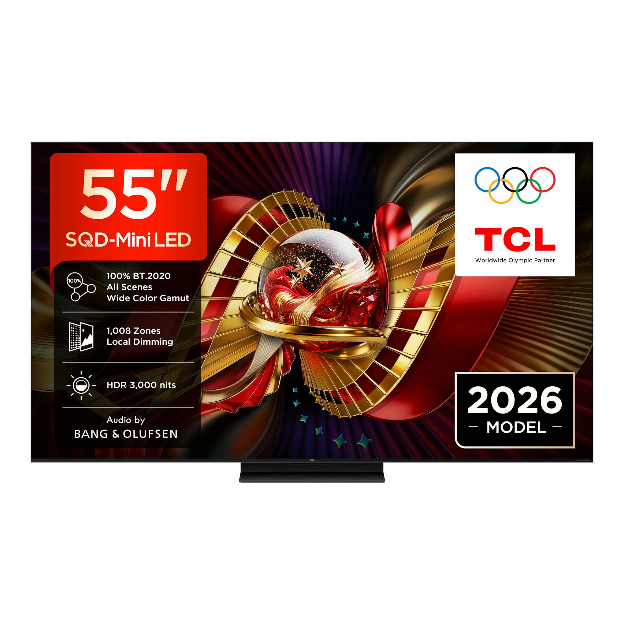 Televisor TCL 55C8L de 55", vista frontal, con peana y pantalla SQD-Mini LED.