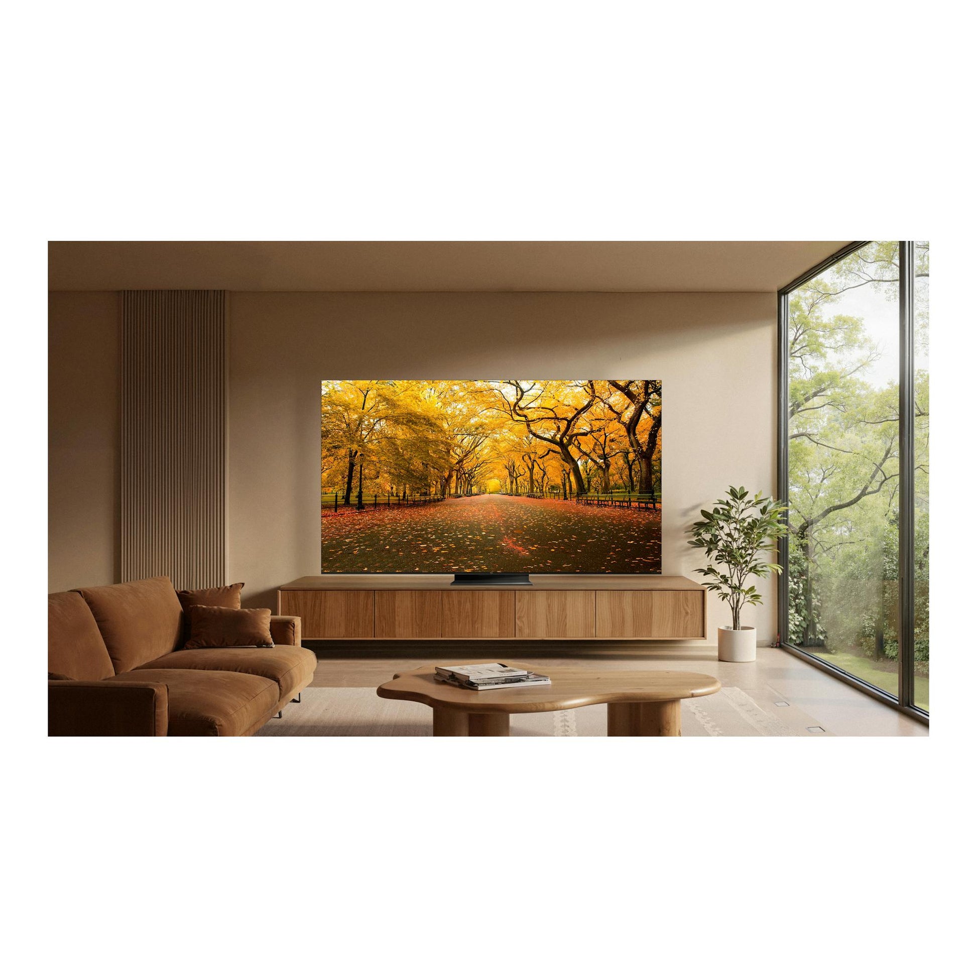 Televisor TCL 55C8L de frente en salón moderno, sobre mueble de madera, con pantalla mostrando paisaje otoñal.