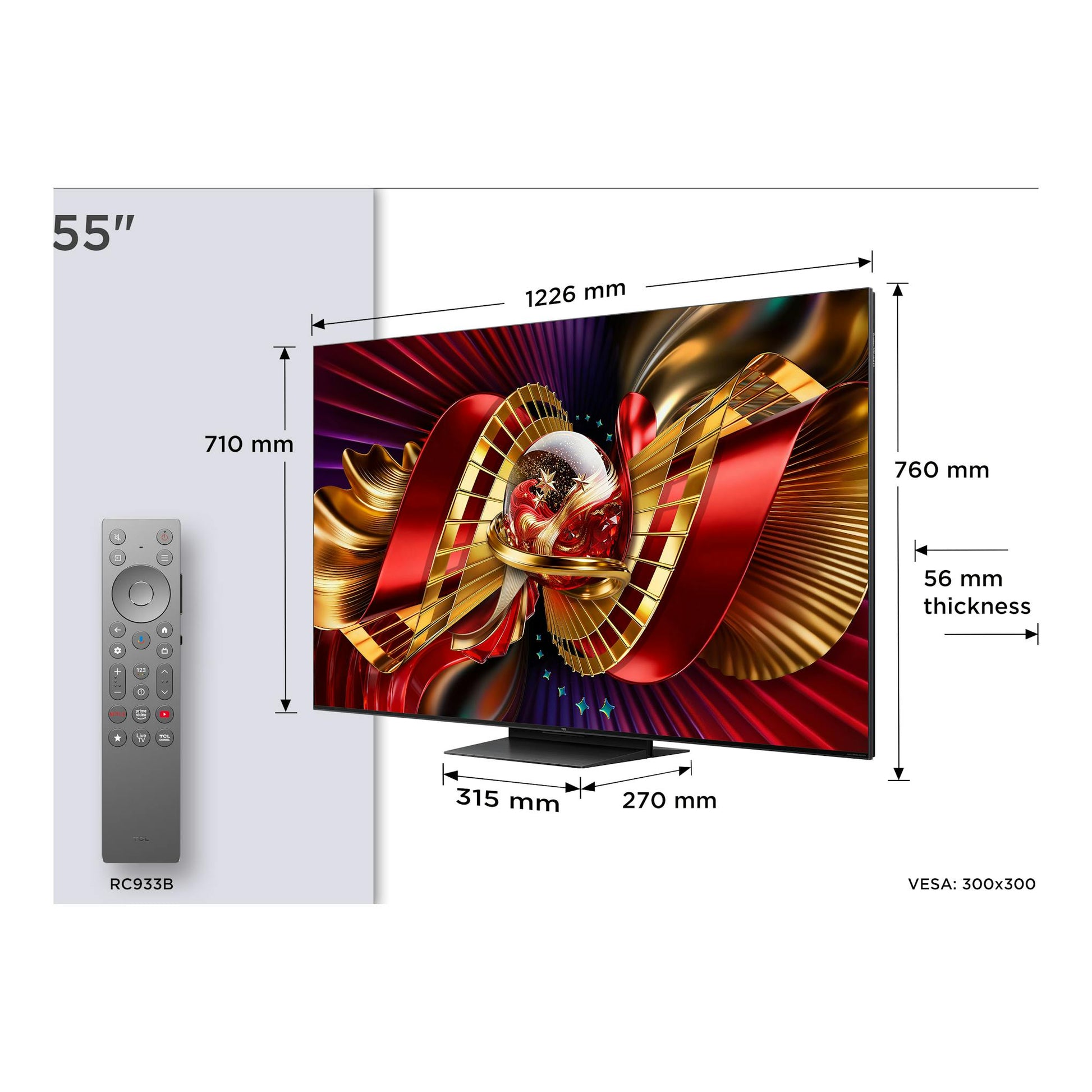 Televisor TCL 55C8L de 55 pulgadas, vista frontal, con mando a distancia y medidas en milímetros.