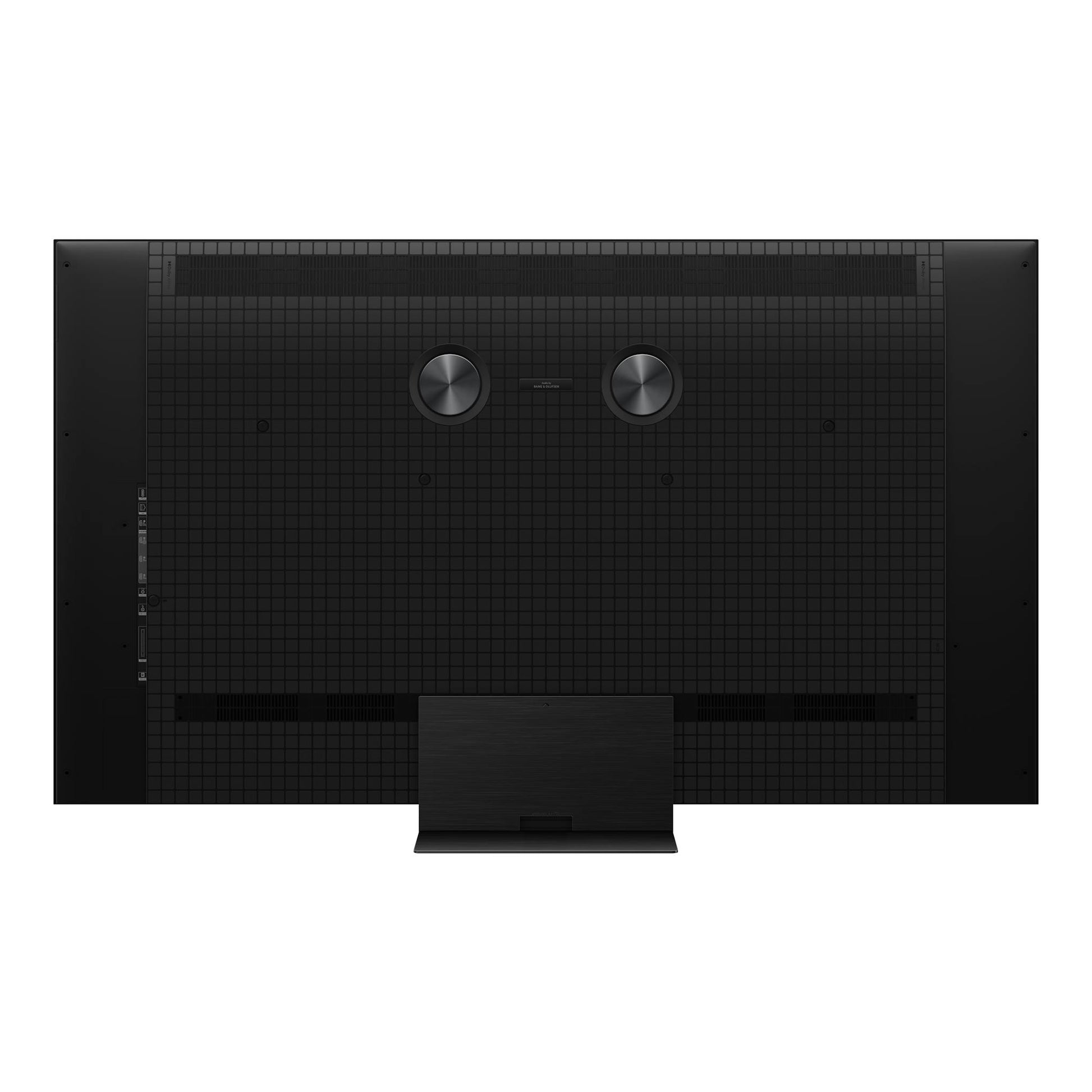 Vista trasera de televisor TCL 55C8L negro con soporte central y dos altavoces traseros.