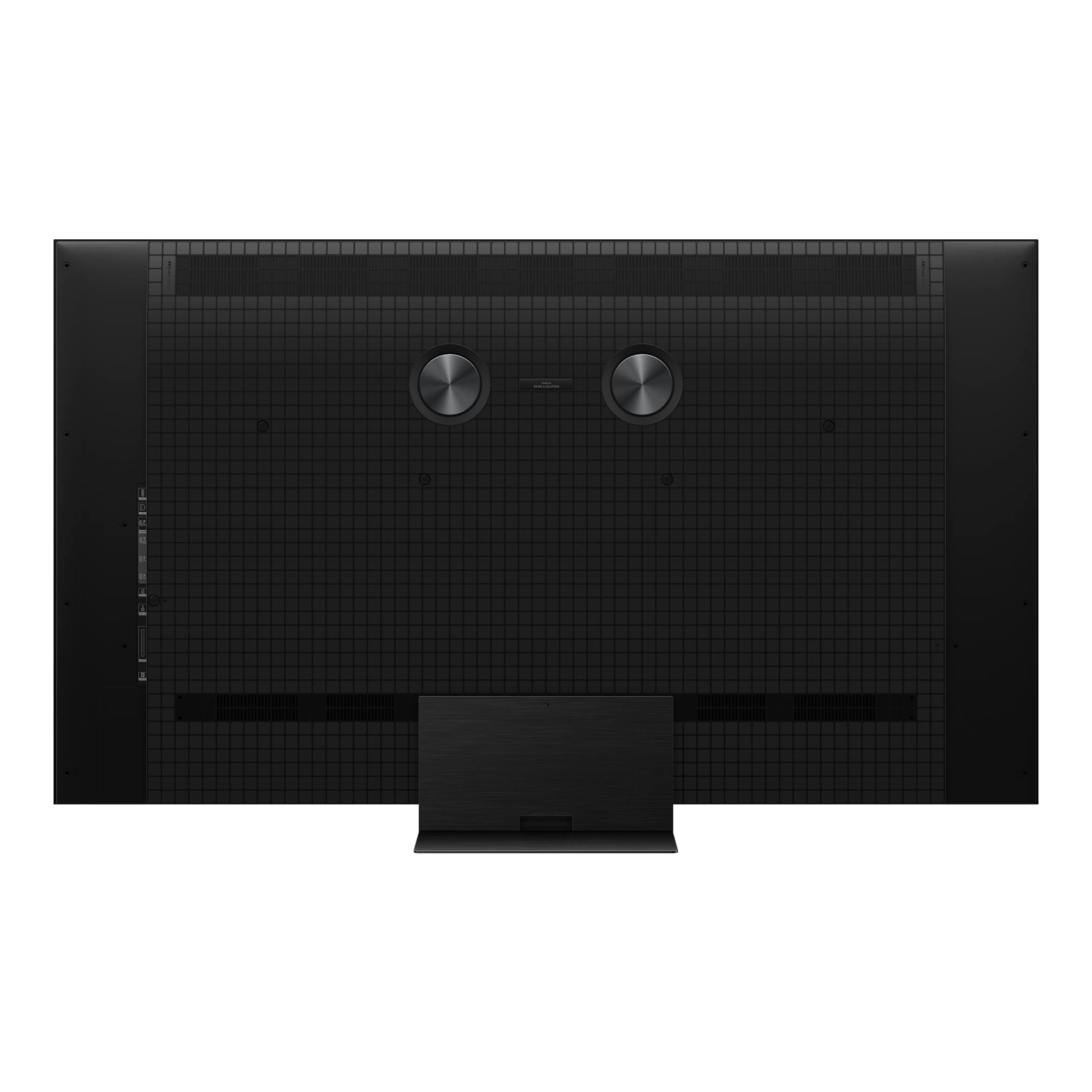 Vista trasera de televisor TCL 55C8L negro con soporte central y dos altavoces traseros.