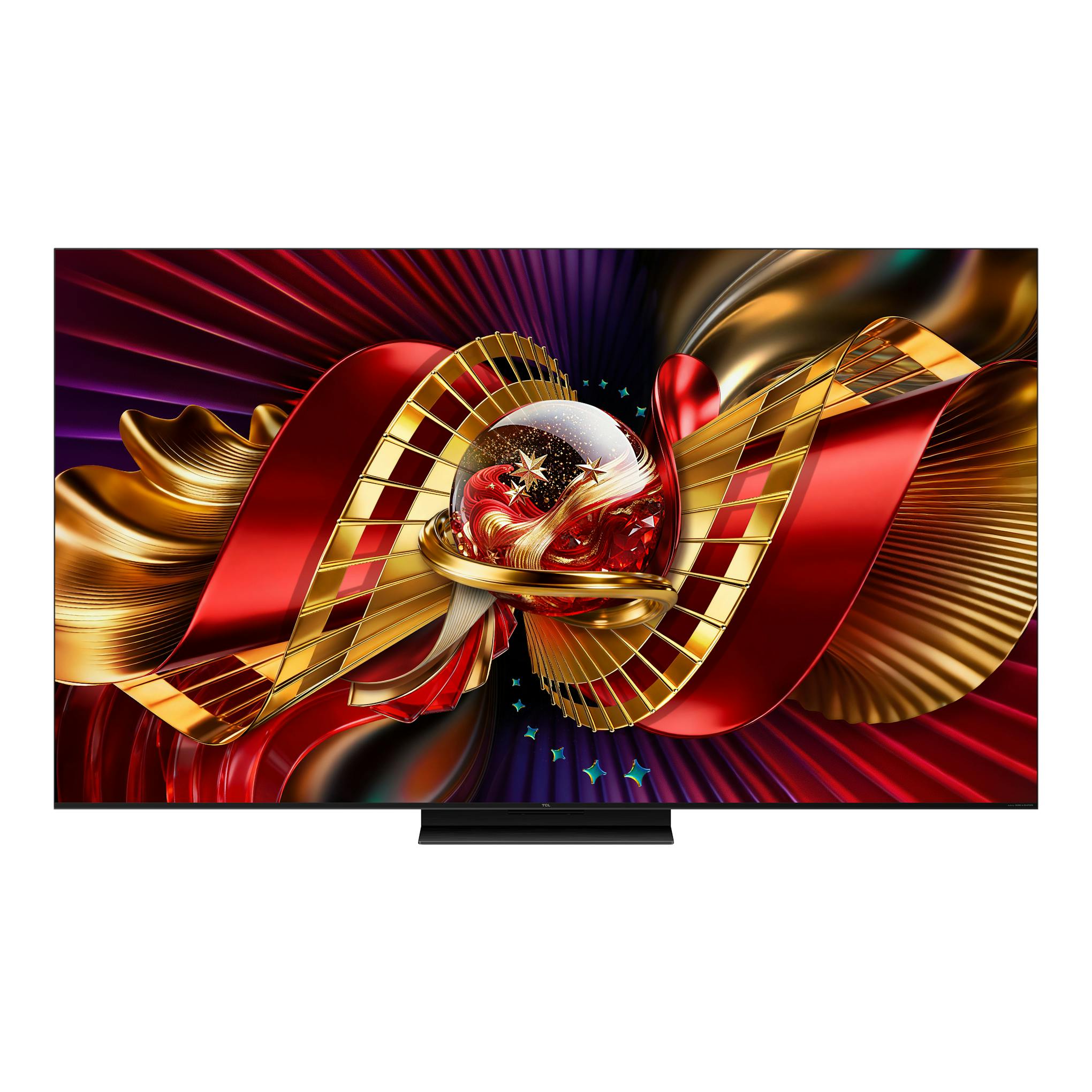 Televisor TCL 55C8L negro, vista frontal, con pantalla mostrando gráficos abstractos rojos y dorados.