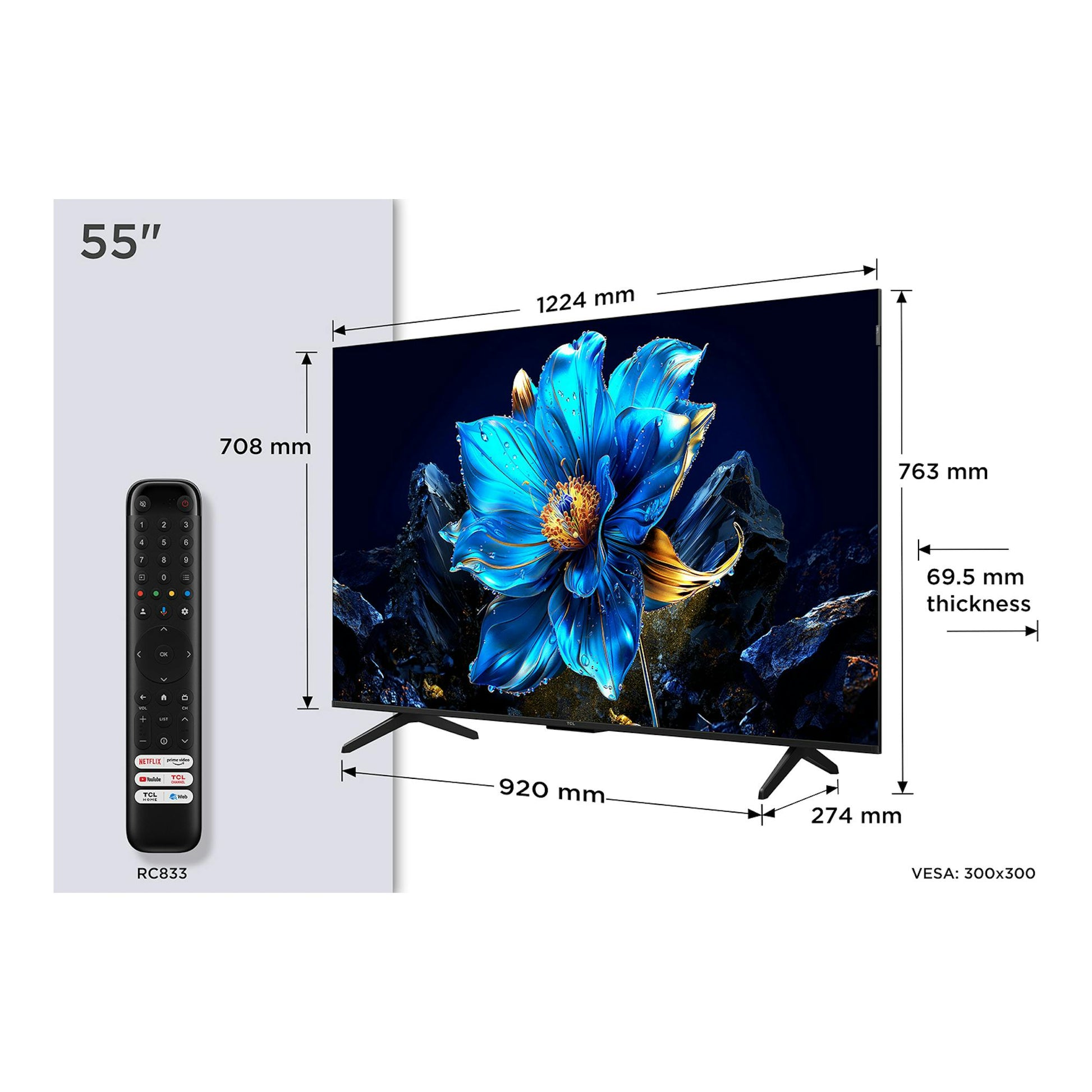 Televisor TCL 55P7K de 55 pulgadas, vista frontal en ángulo, con mando a distancia y medidas del producto.