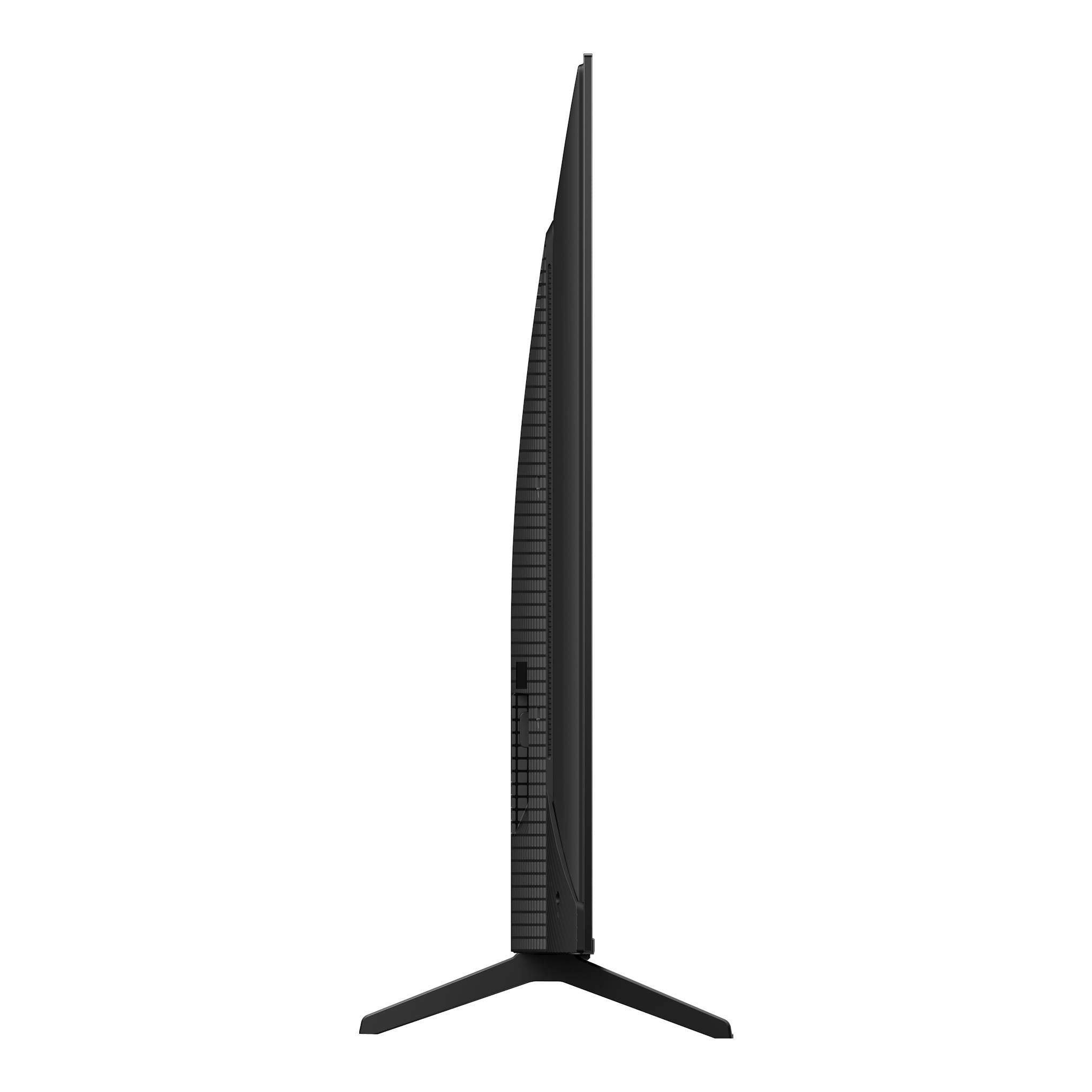 Televisor TCL 55P7K negro, vista lateral, con base en V, sobre fondo blanco.