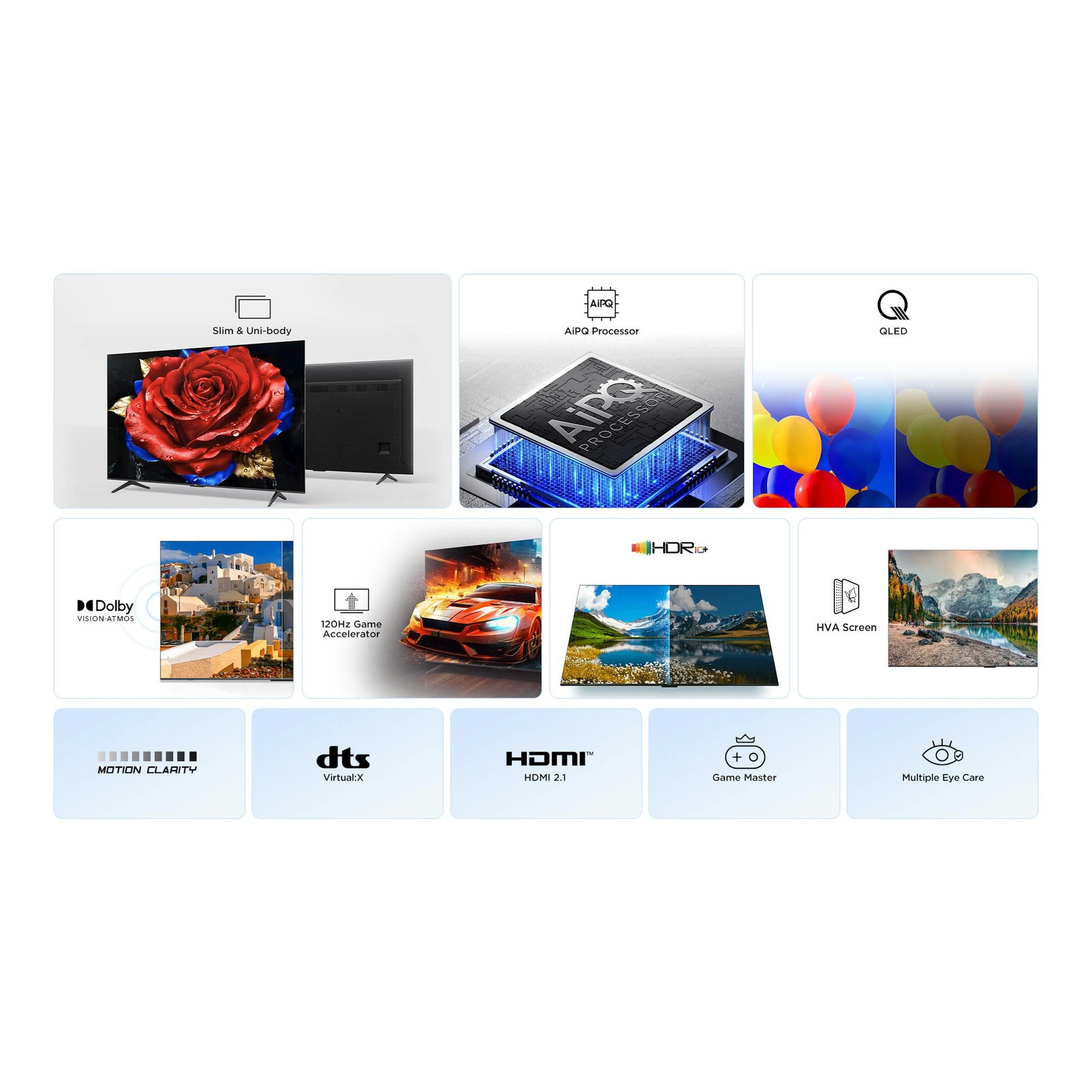 Infografía del televisor TCL 55P7K, vista frontal y trasera, con panel QLED, AiPQ, HDR y HDMI 2.1.