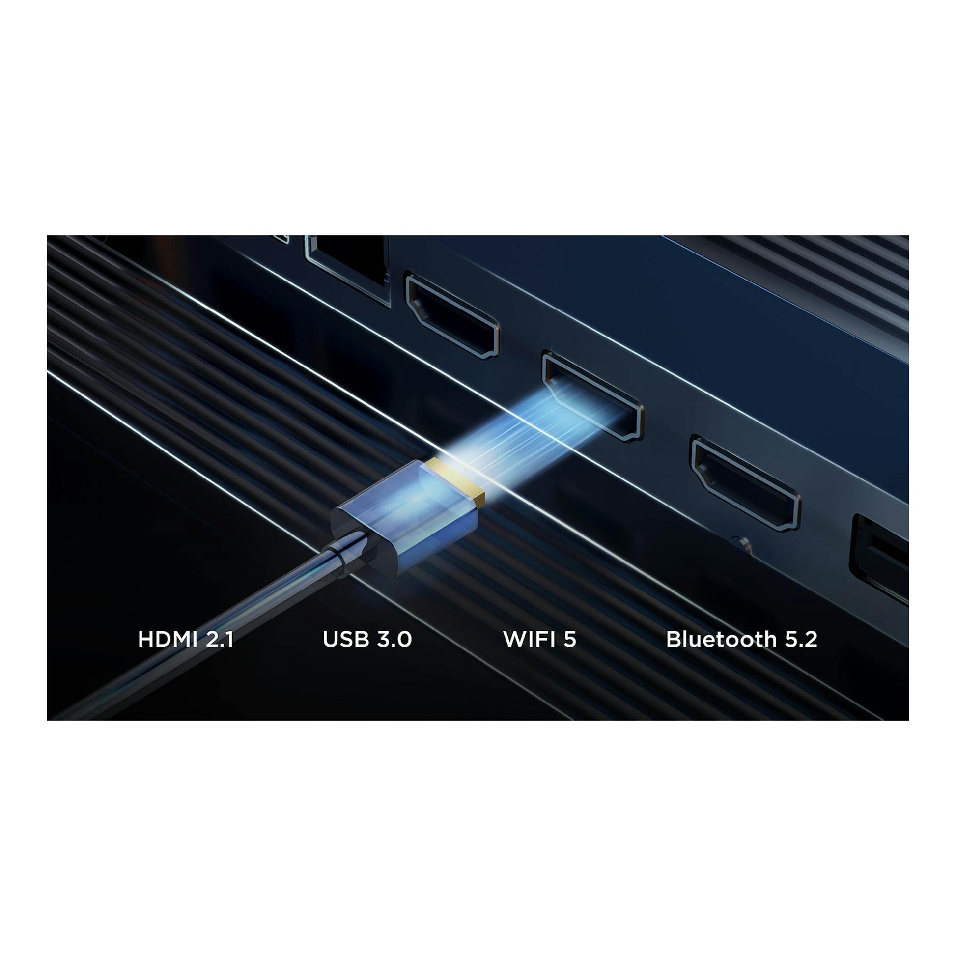 Televisor TCL 55P7K, vista trasera en primer plano de puertos HDMI 2.1, USB 3.0, Wi‑Fi 5 y Bluetooth 5.2.