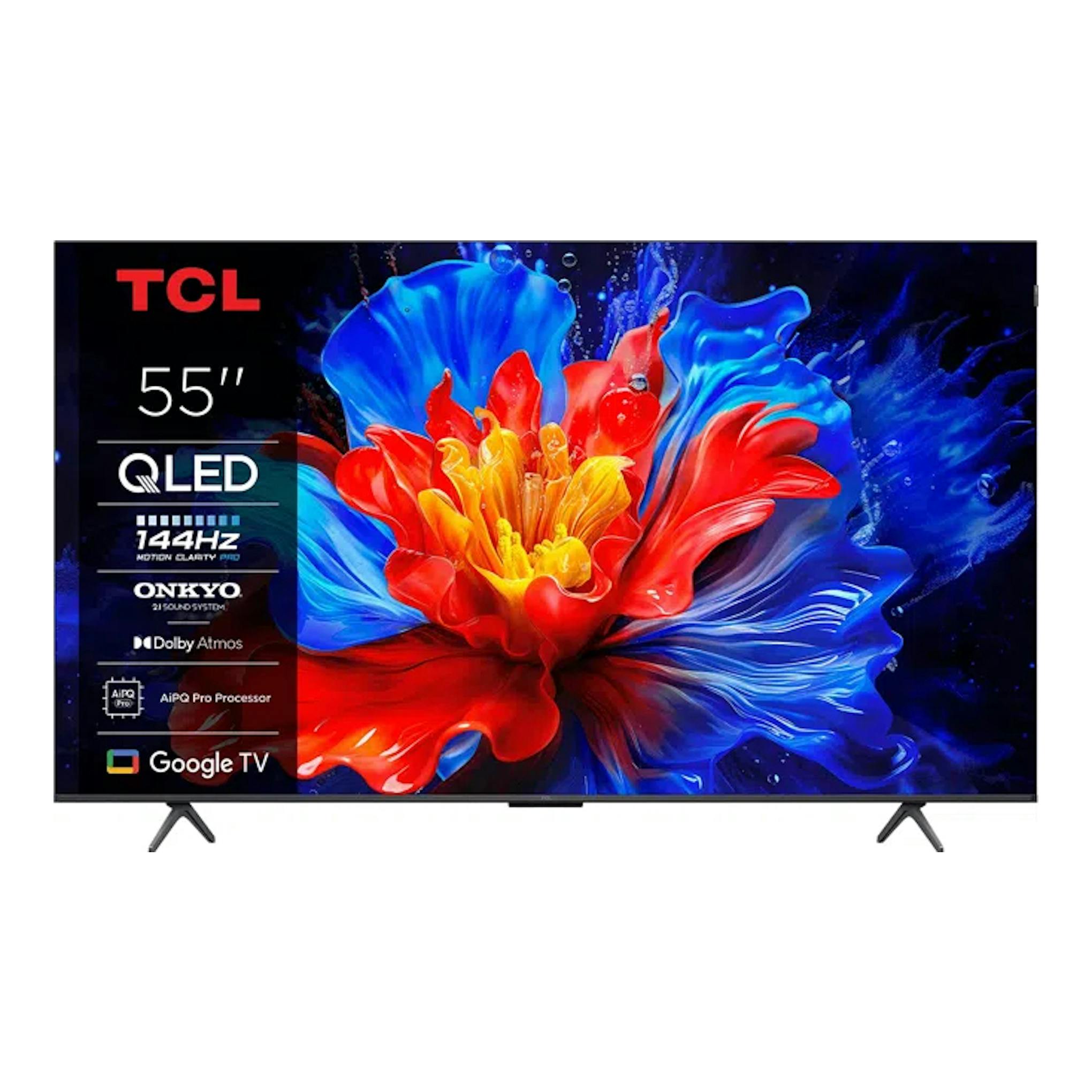 Televisor TCL 55P8K QLED de 55", vista frontal, pantalla con flor multicolor y base de patas.