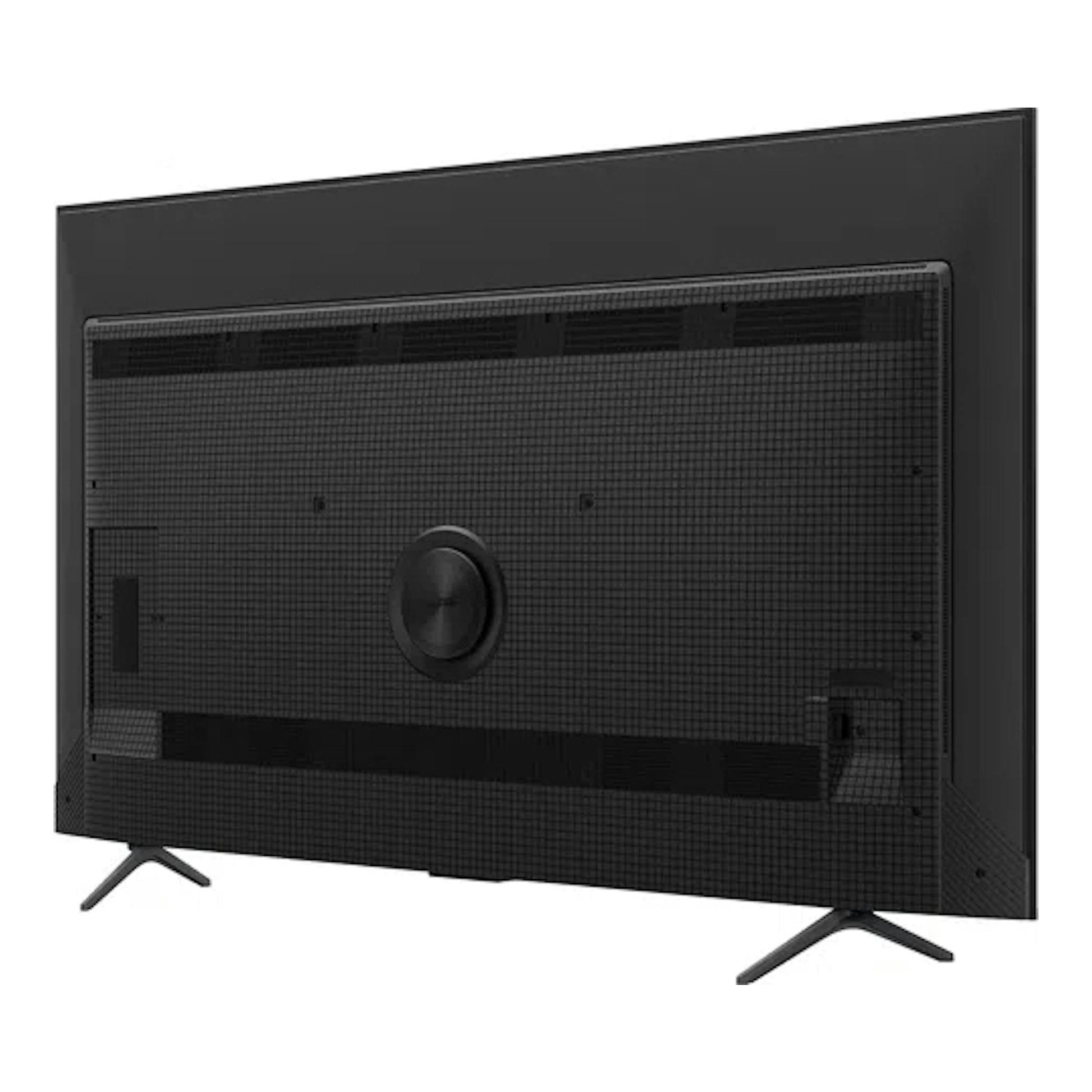 Televisor TCL 55P8K negro, vista trasera, con dos patas y panel posterior texturizado.