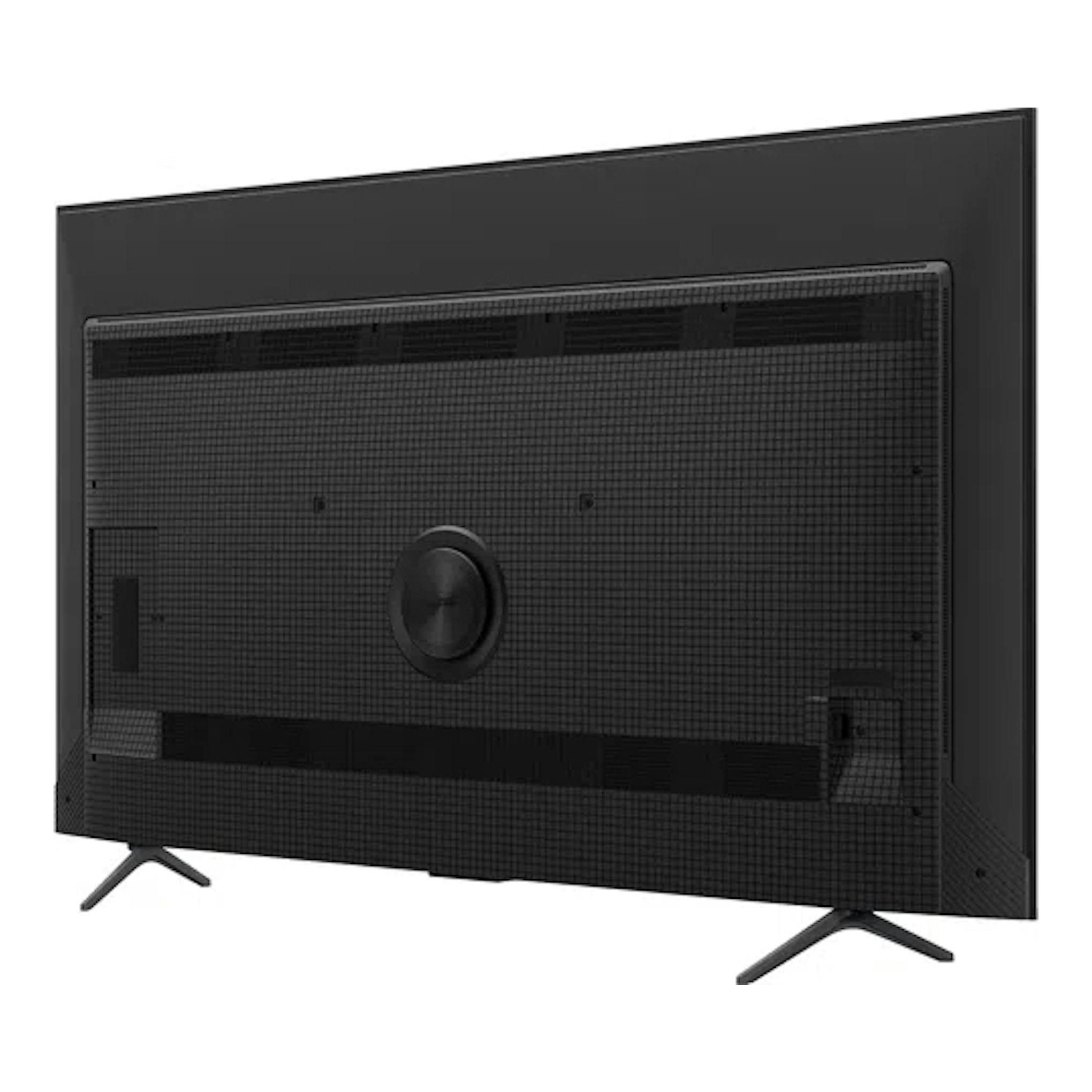Televisor TCL 55P8K negro, vista trasera, con dos patas y panel posterior texturizado.