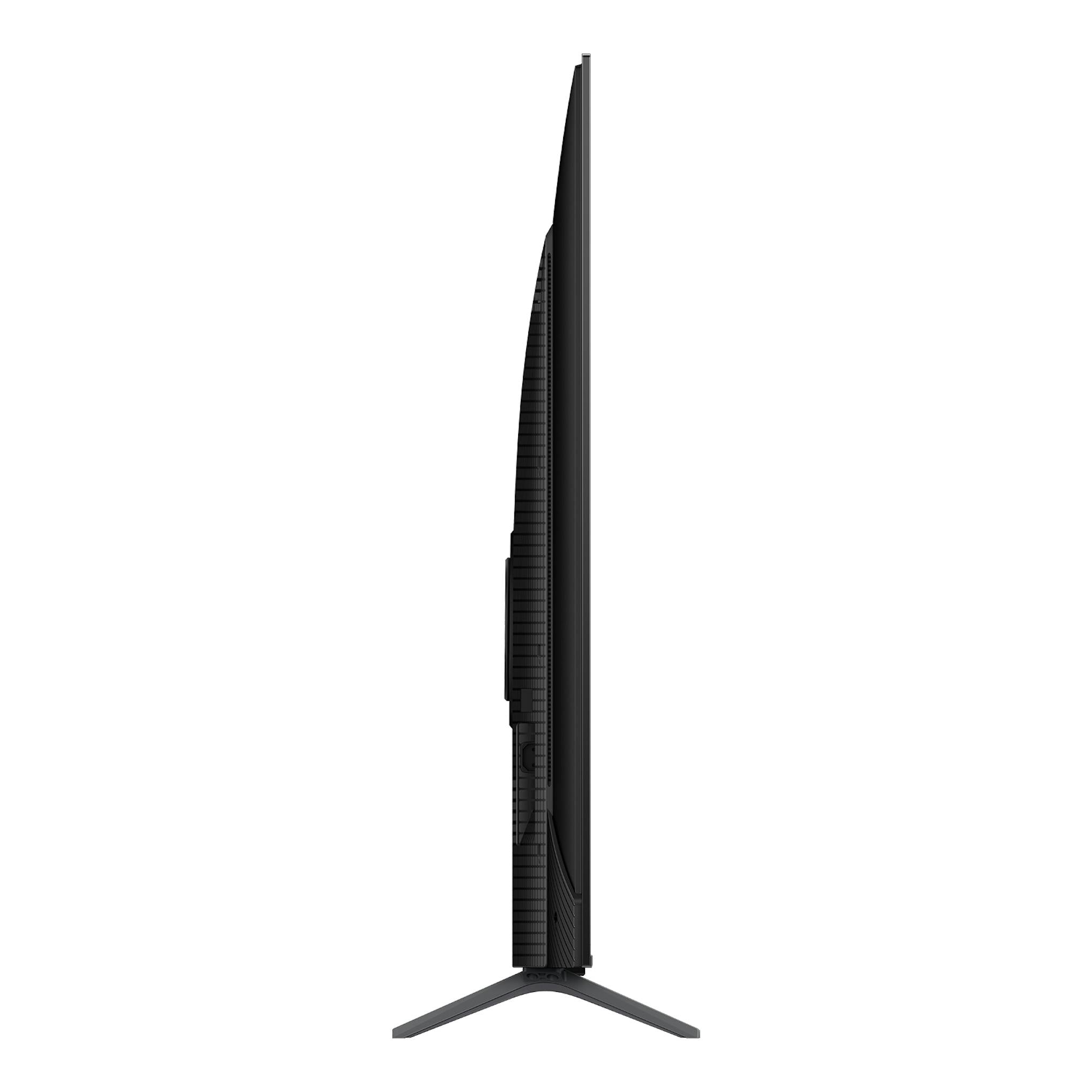 Televisor TCL 55P8K negro, vista lateral, con base de patas.