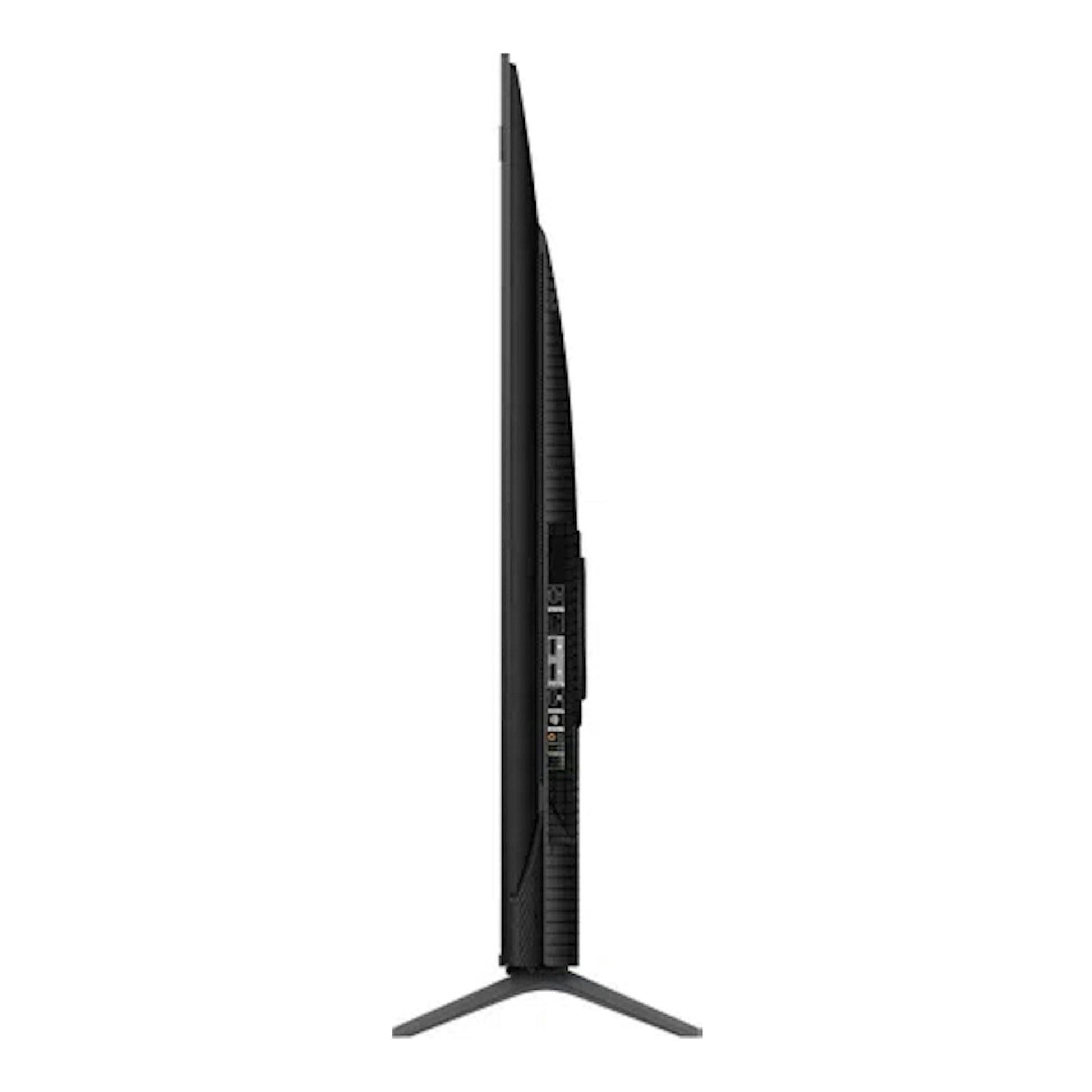 Televisor TCL 55P8K negro, vista lateral sobre base en V, con puertos visibles.