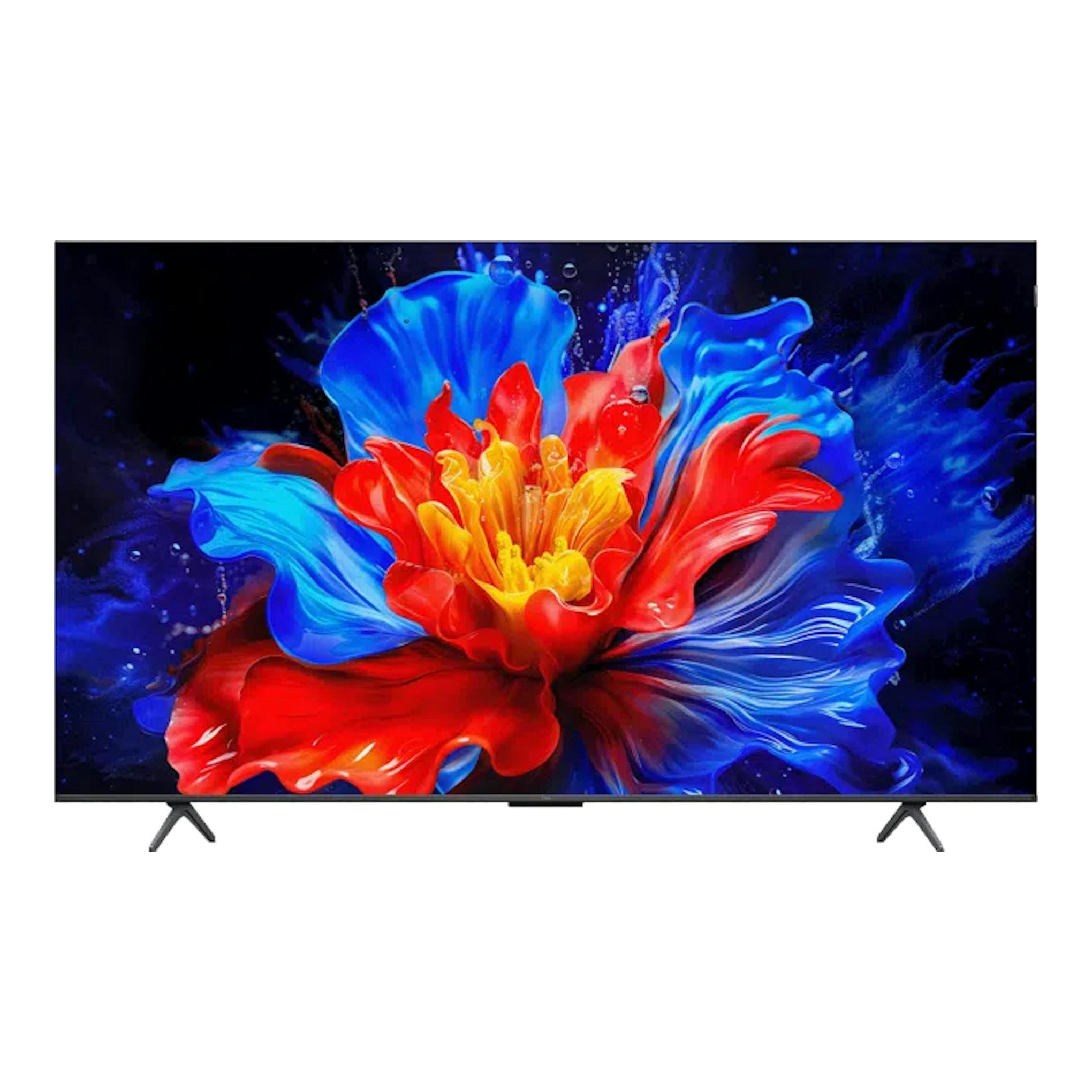 Televisor TCL 55P8K, vista frontal, pantalla negra con flor multicolor y patas laterales.
