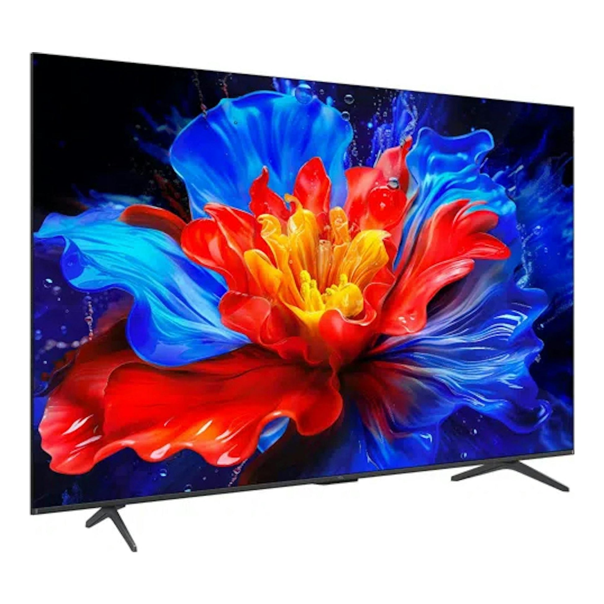Televisor TCL 55P8K negro, vista en ángulo, con pantalla mostrando una flor abstracta multicolor.