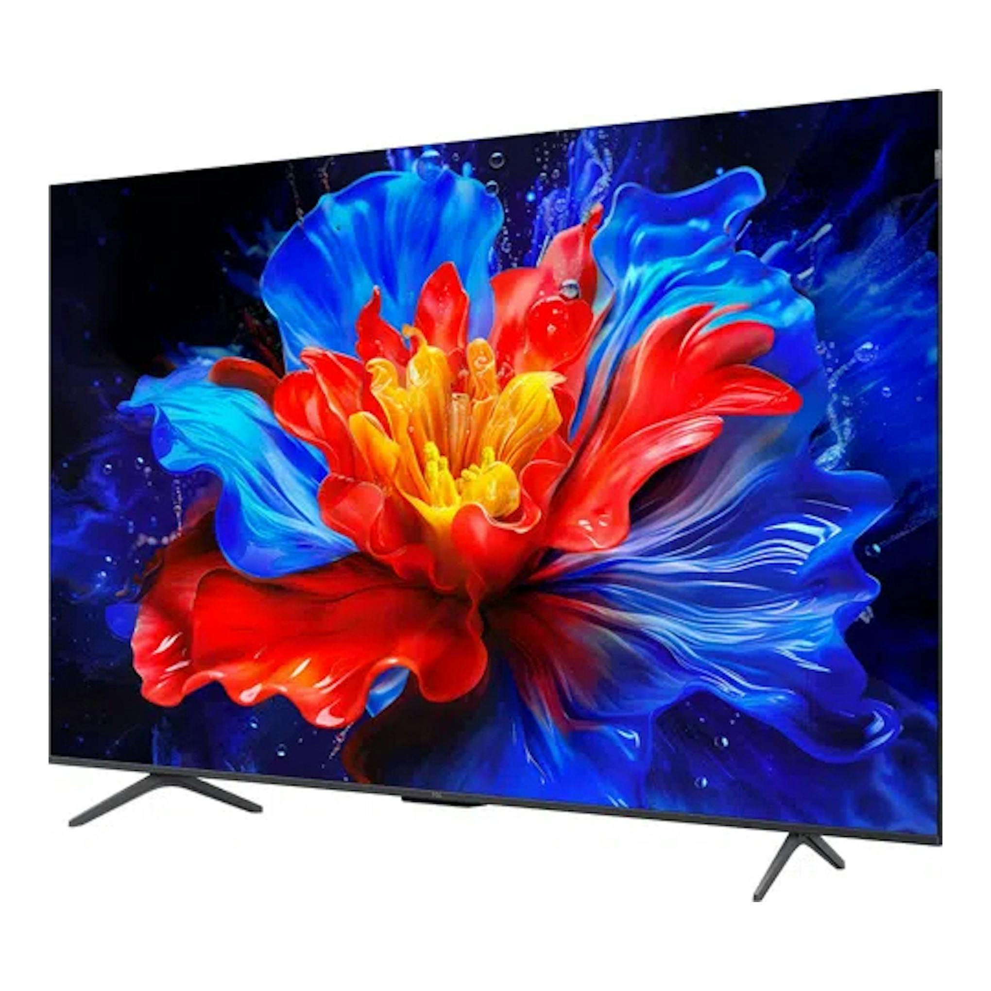 Televisor TCL 55P8K negro, vista en ángulo, con pantalla mostrando un gráfico abstracto multicolor.