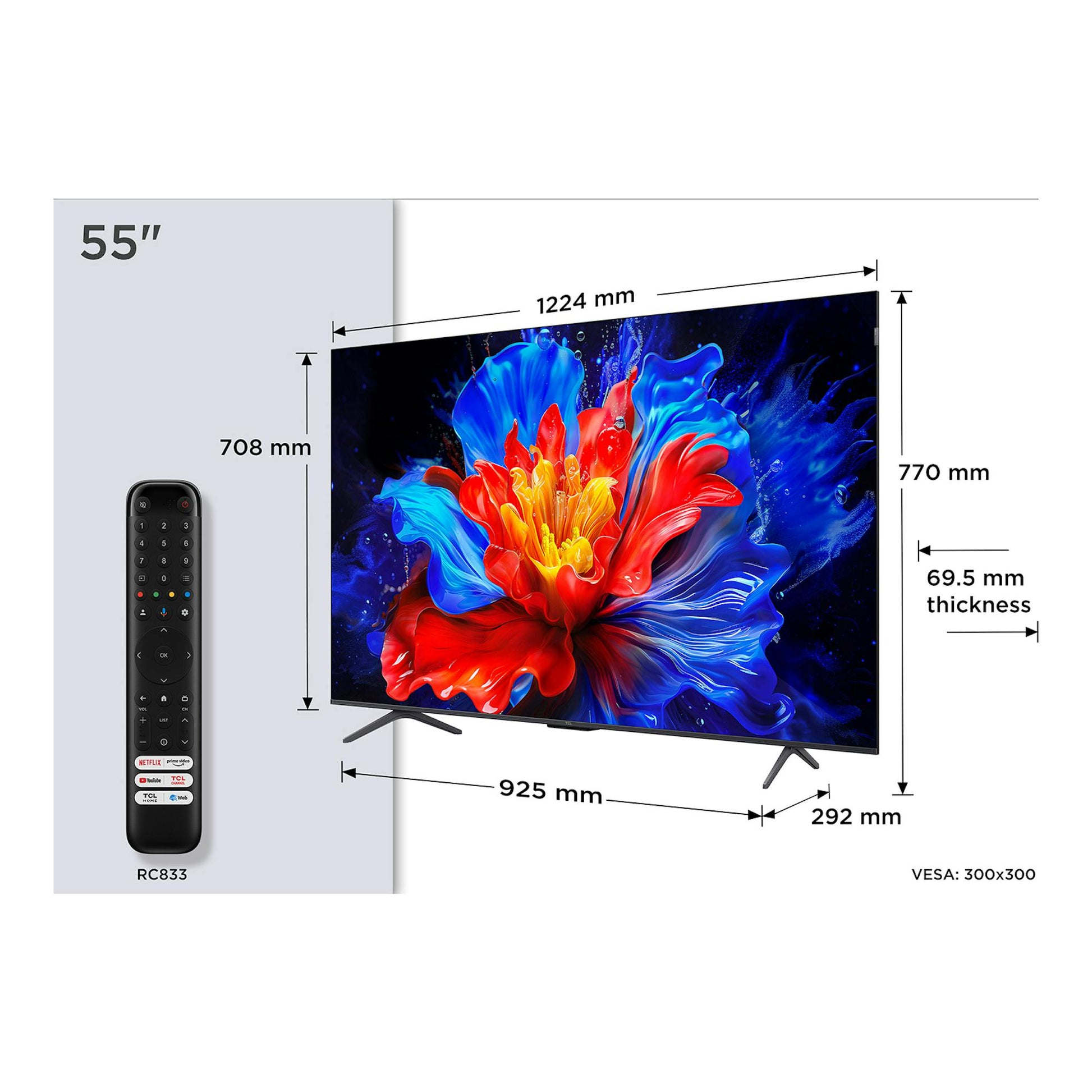 Televisor TCL 55P8K de 55 pulgadas, vista frontal con mando y dimensiones señaladas.