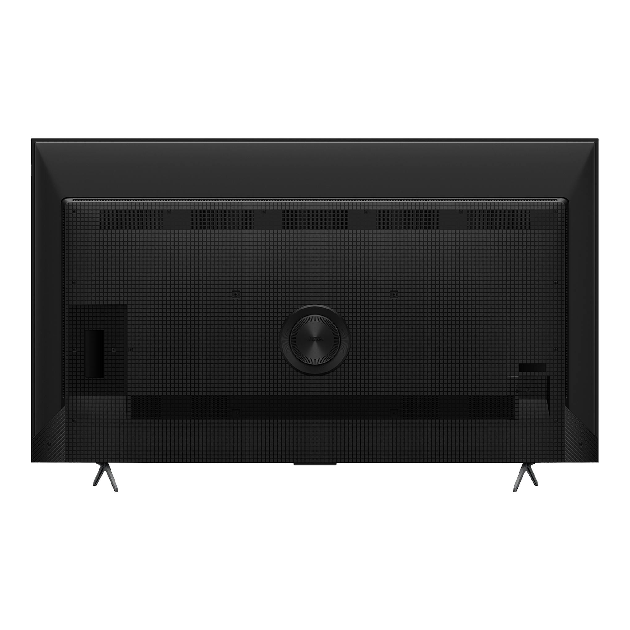 Televisor TCL 55P8K negro, vista trasera frontal, con peanas y panel posterior texturizado.