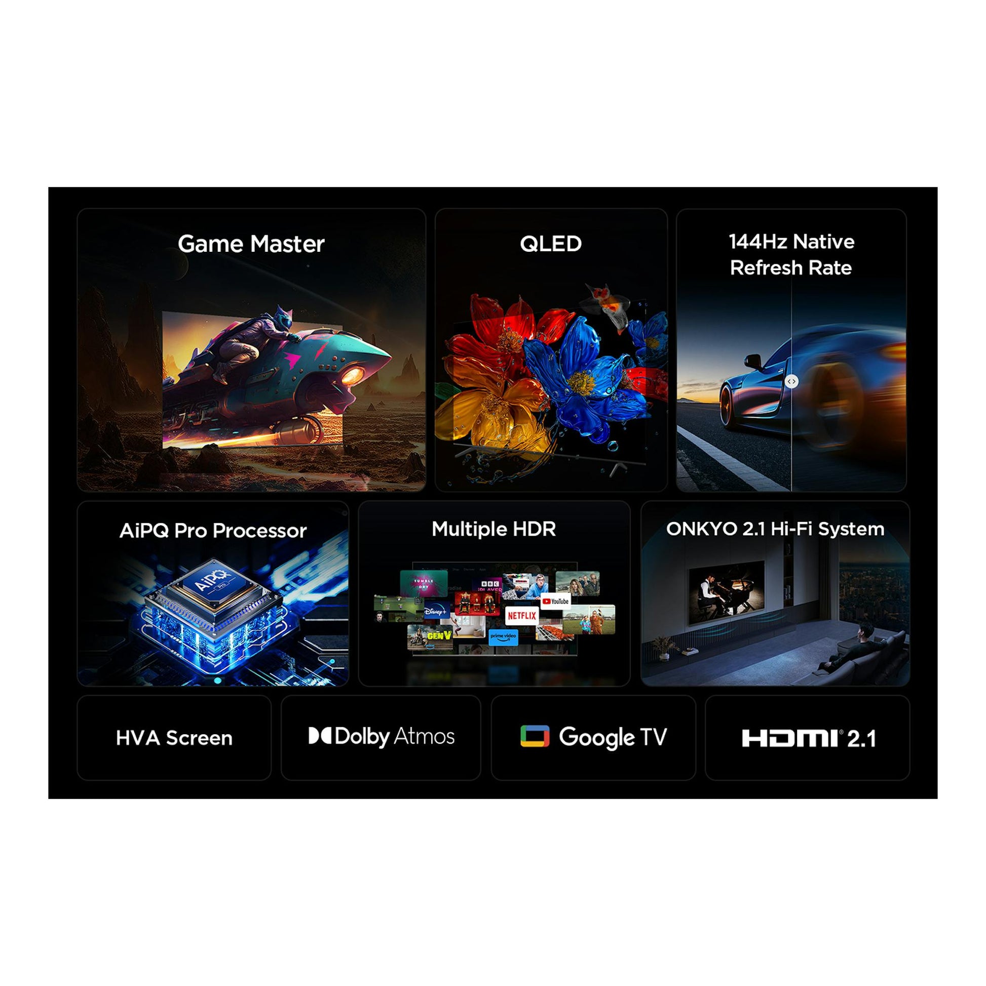 Cartel promocional del TCL 55P8K con collage de funciones: QLED, 144 Hz, AiPQ Pro, HDR, Dolby Atmos y Google TV.