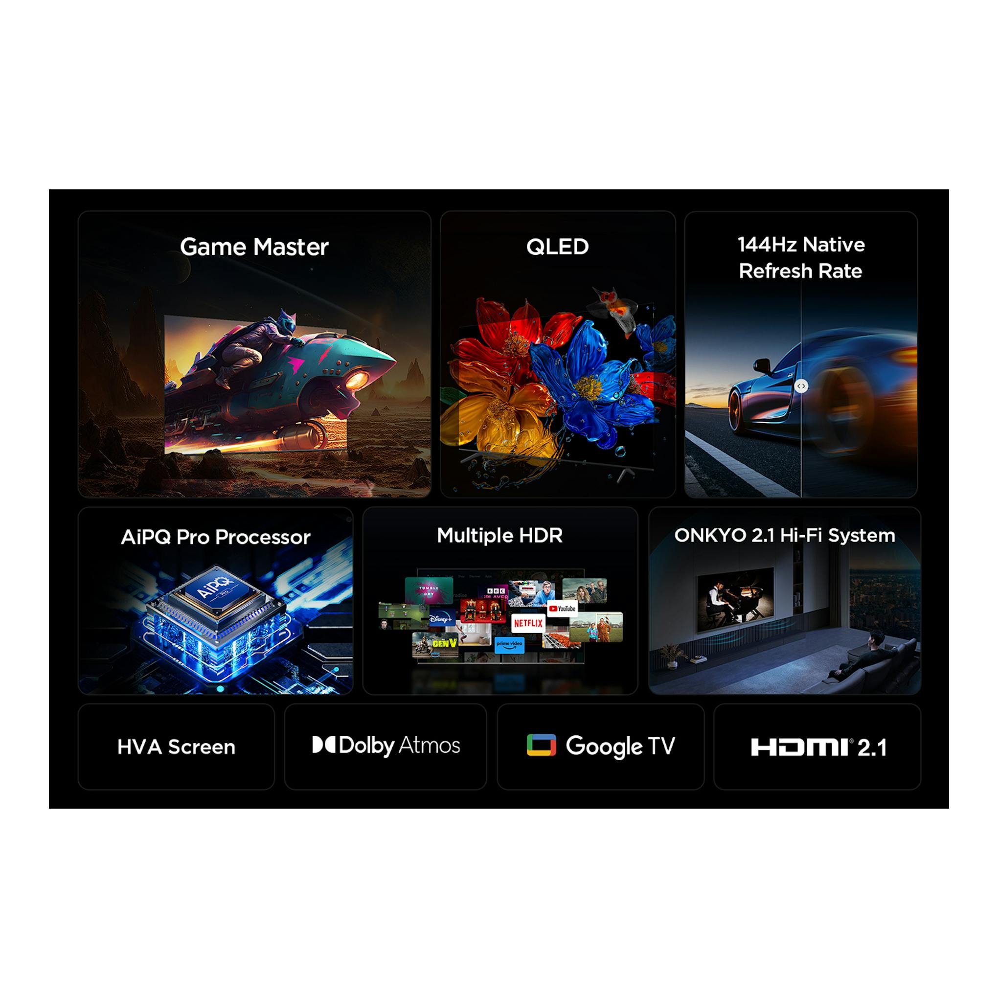 Cartel promocional del TCL 55P8K con collage de funciones: QLED, 144 Hz, AiPQ Pro, HDR, Dolby Atmos y Google TV.