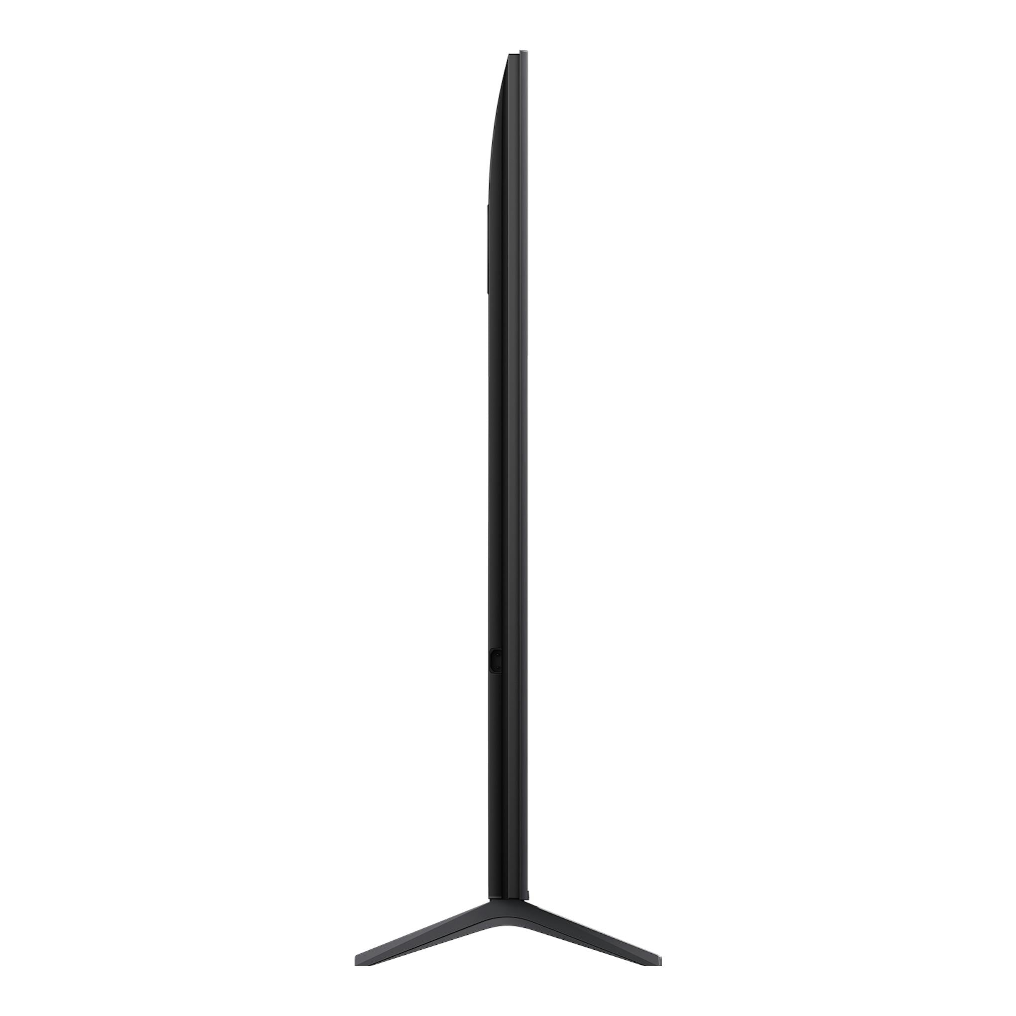 Televisor TCL C6K 55C6K negro, vista lateral, sobre base en V.
