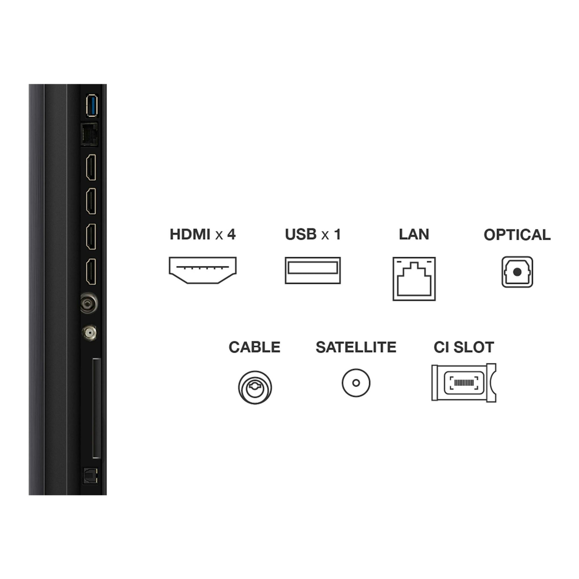 Televisor TCL C6K 55C6K, vista lateral del panel de conexiones negro con 4 HDMI, USB, LAN y óptico.
