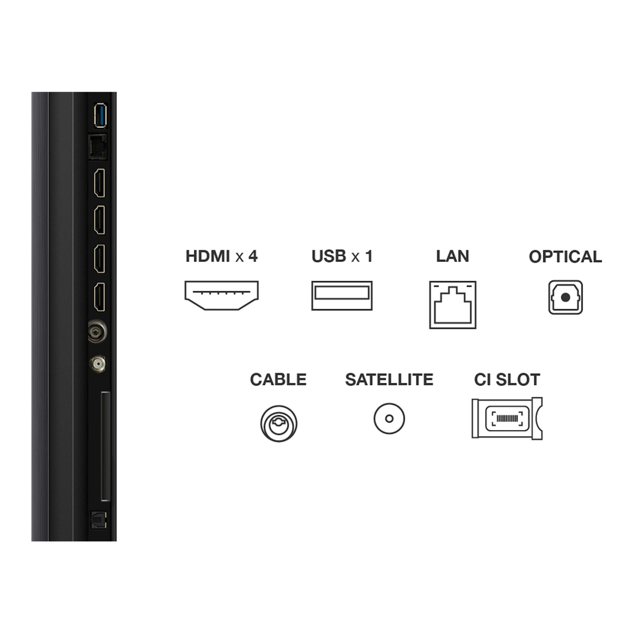 Televisor TCL C6K 55C6K, vista lateral del panel de conexiones negro con 4 HDMI, USB, LAN y óptico.
