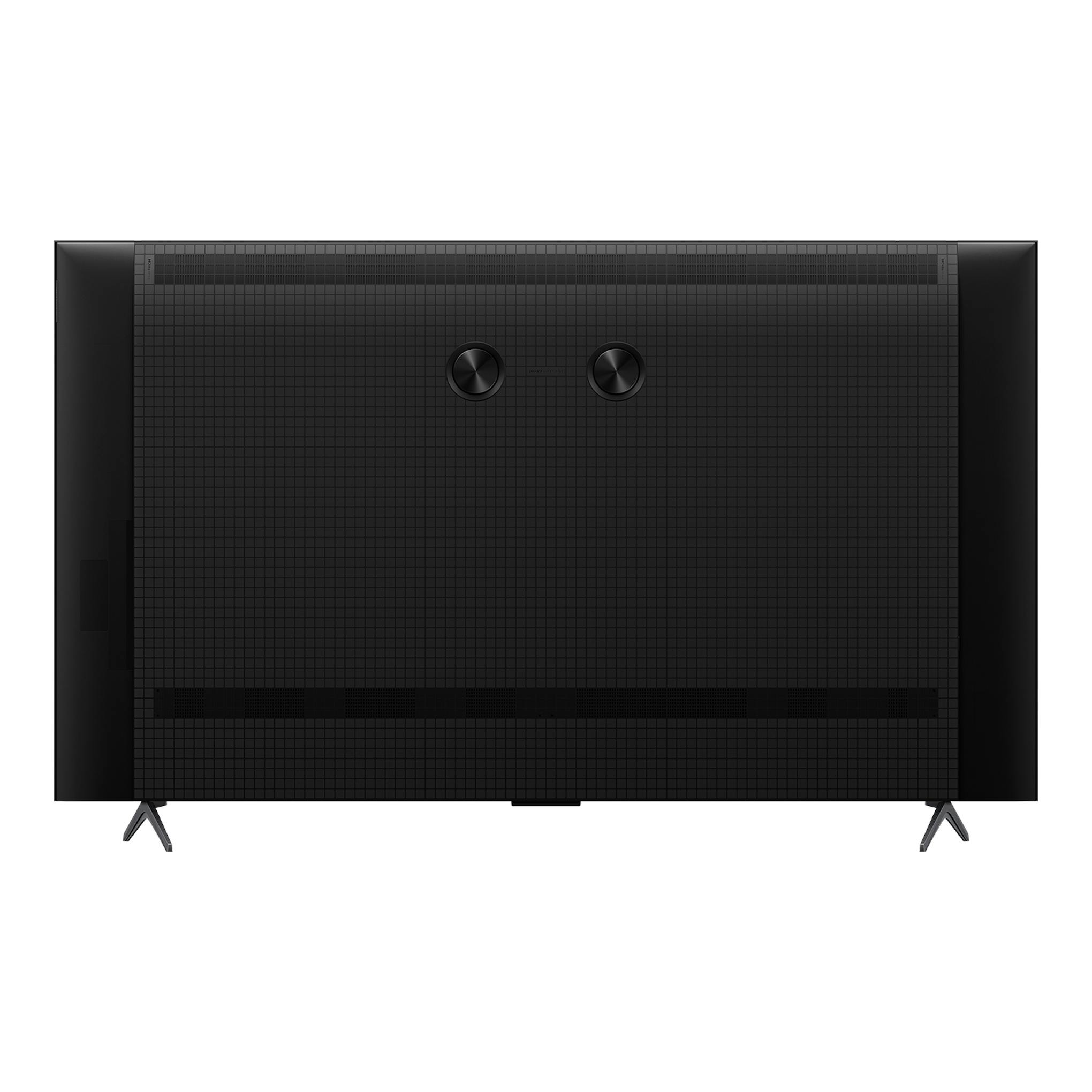 Televisor TCL C6K 55C6K en vista trasera, color negro, con dos patas y panel posterior texturizado.