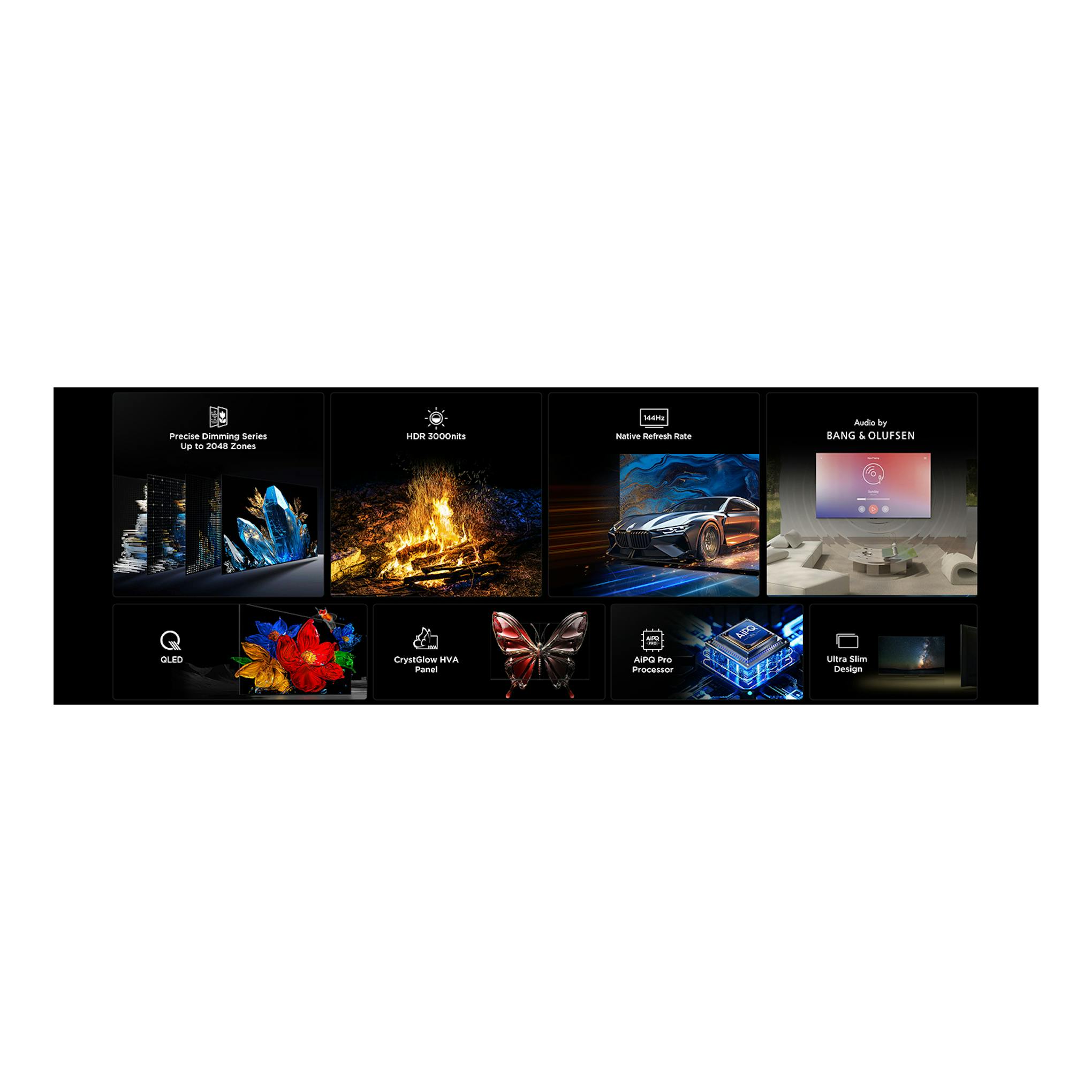 Infografía del TCL 55C7K con Mini LED, 4K UHD, 144 Hz, QLED, AiPQ Pro y audio Bang & Olufsen.