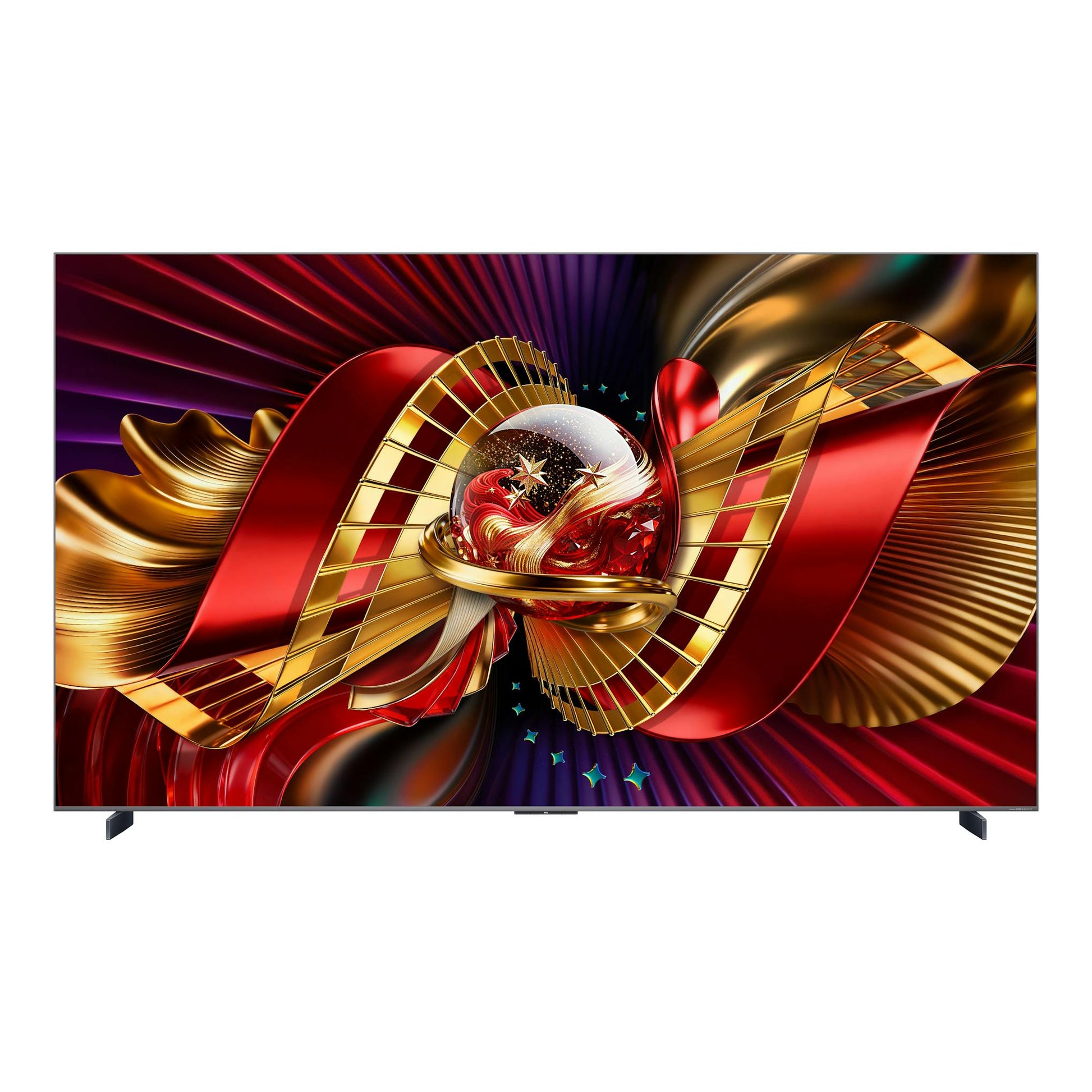 Televisor TCL 98C8L, vista frontal, pantalla con imagen abstracta roja y dorada y base negra visible.