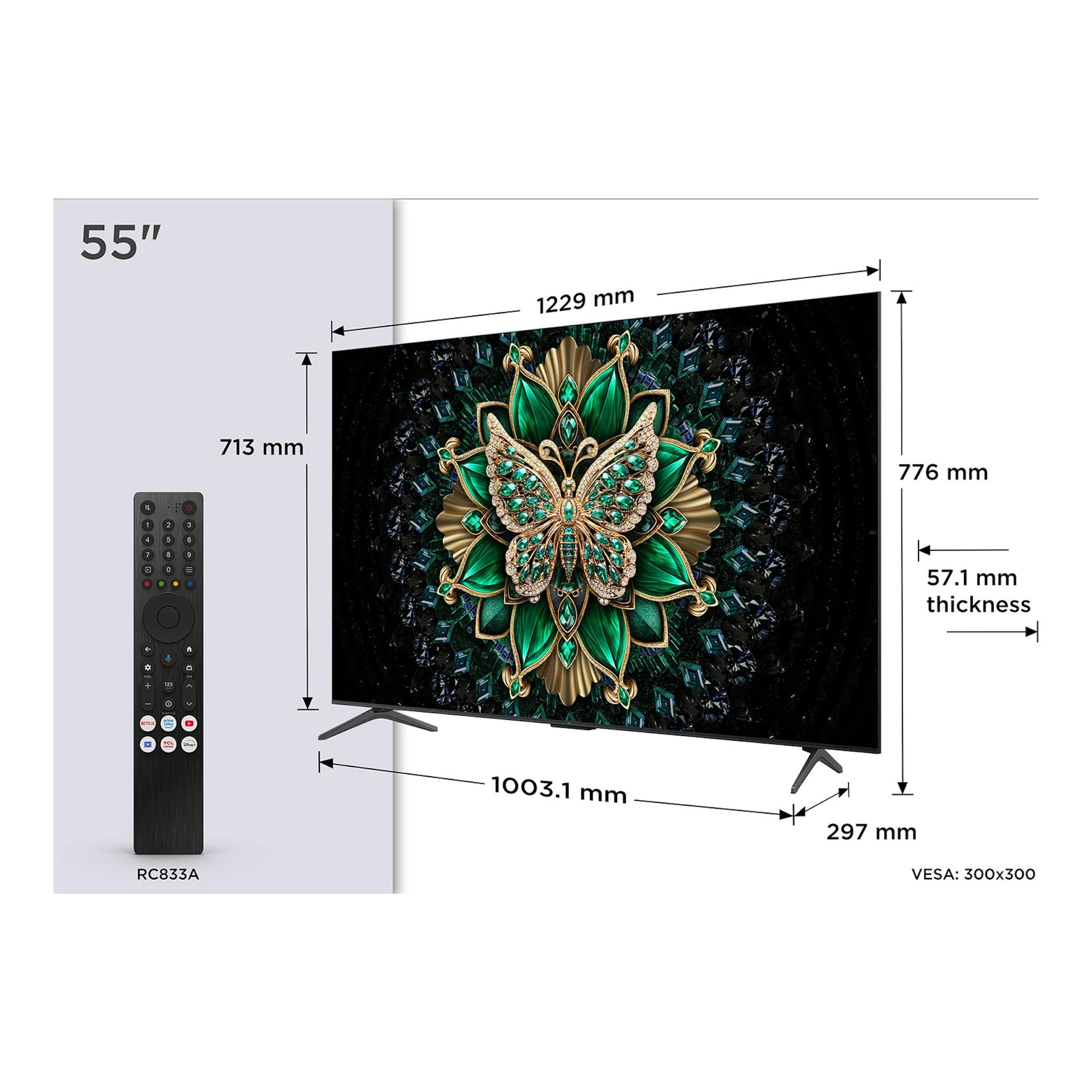 Televisor TCL C6K 55C6K de 55 pulgadas, vista frontal con peana y mando, con medidas indicadas.