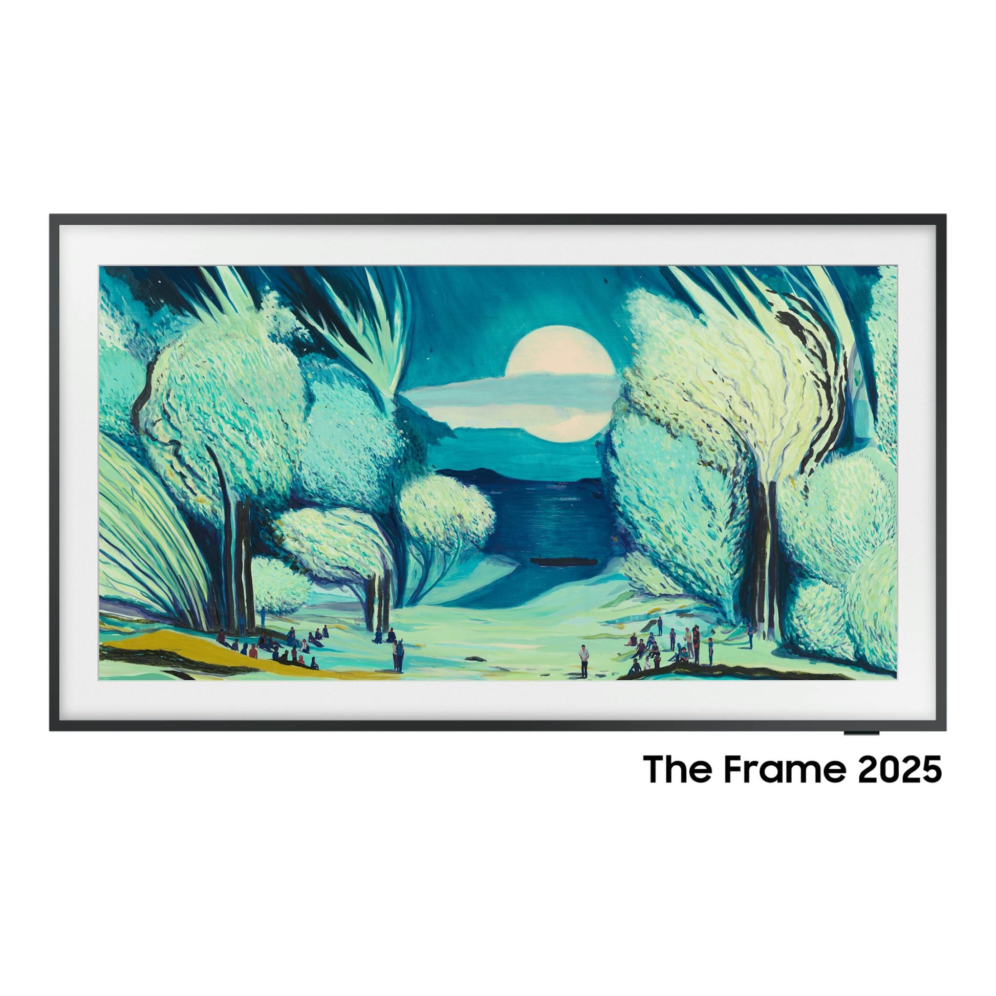 Televisor Samsung The Frame 2025, vista frontal, marco negro, con una escena artística azul y verde en pantalla.