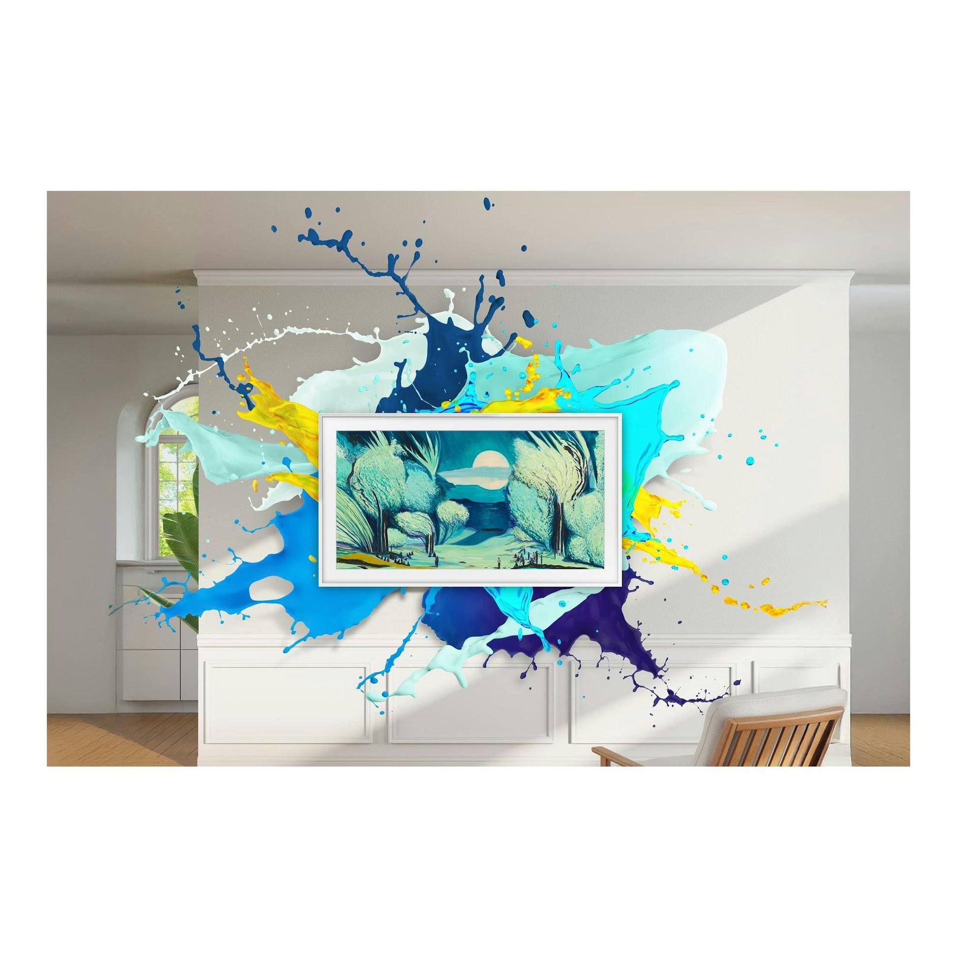 Televisor Samsung The Frame, vista frontal, con marco blanco y arte abstracto de salpicaduras de color.