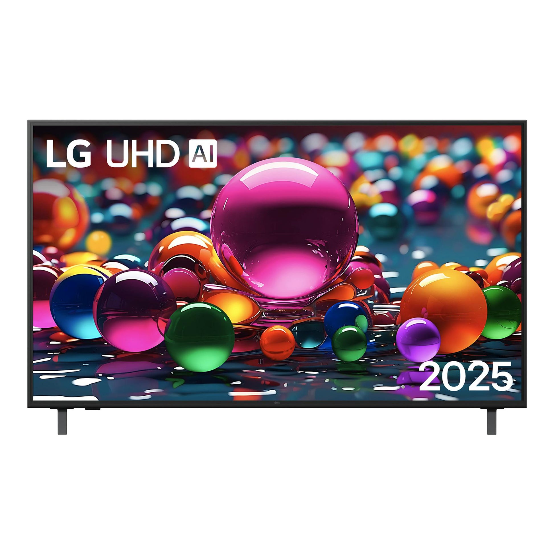 Televisor LG 55UA75006LA, vista frontal, marco negro y peana, con imagen de esferas de colores y 2025.