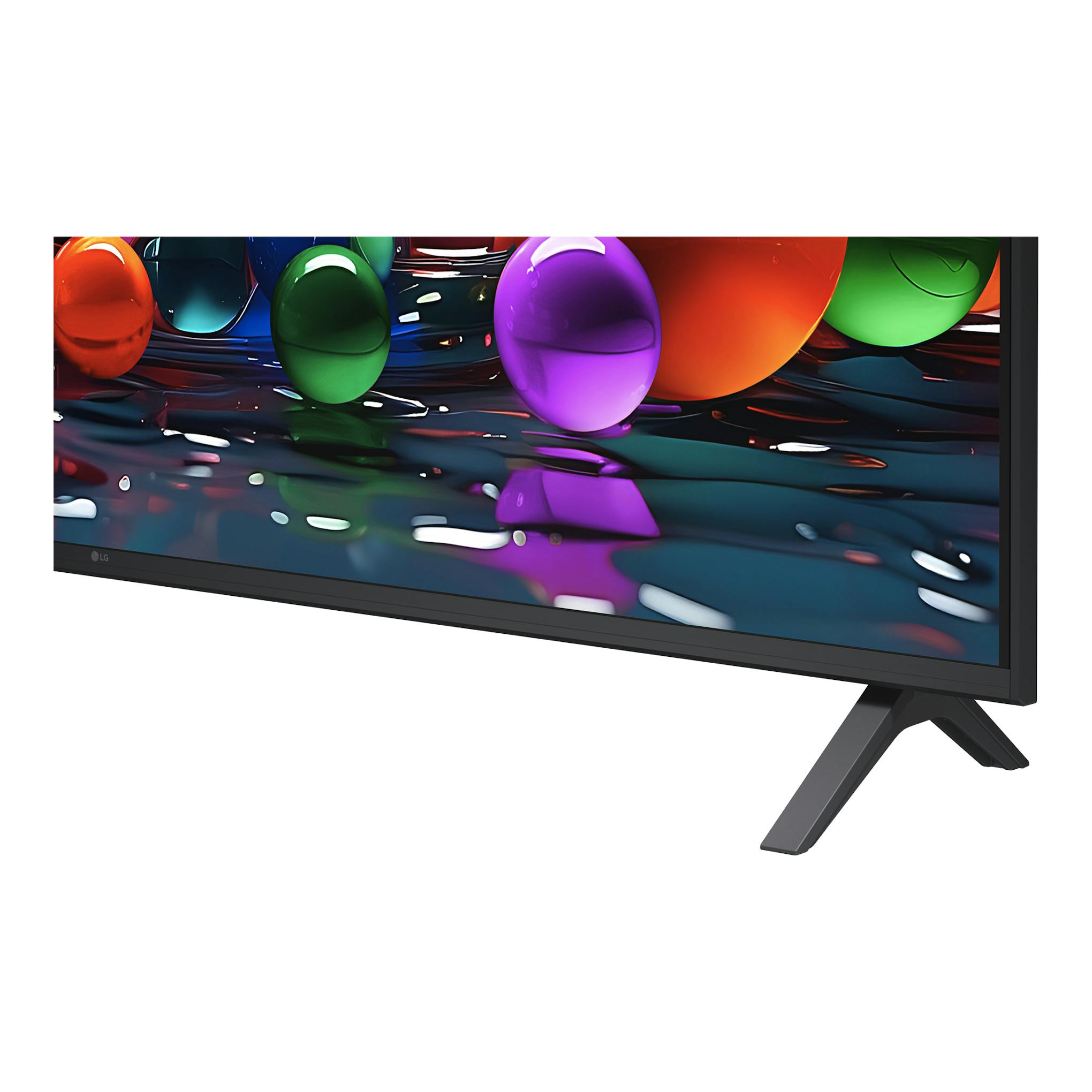 Televisor LG 55UA75006LA negro, vista en ángulo con pantalla a color y soporte de patas.