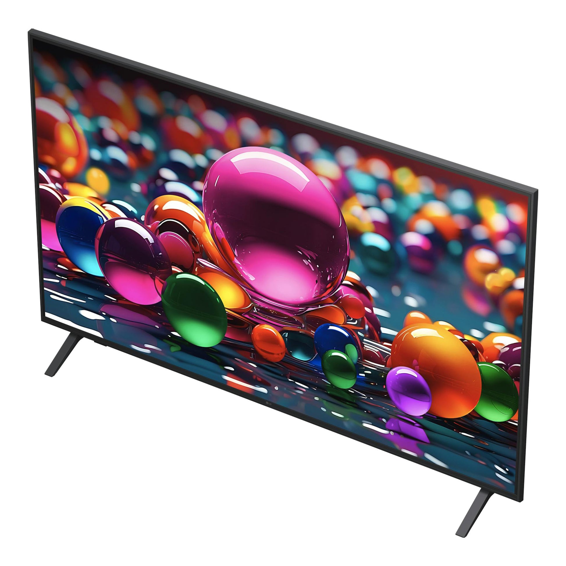 Televisor LG 55UA75006LA negro, vista en ángulo, con pantalla y dos patas inclinadas sobre fondo blanco.