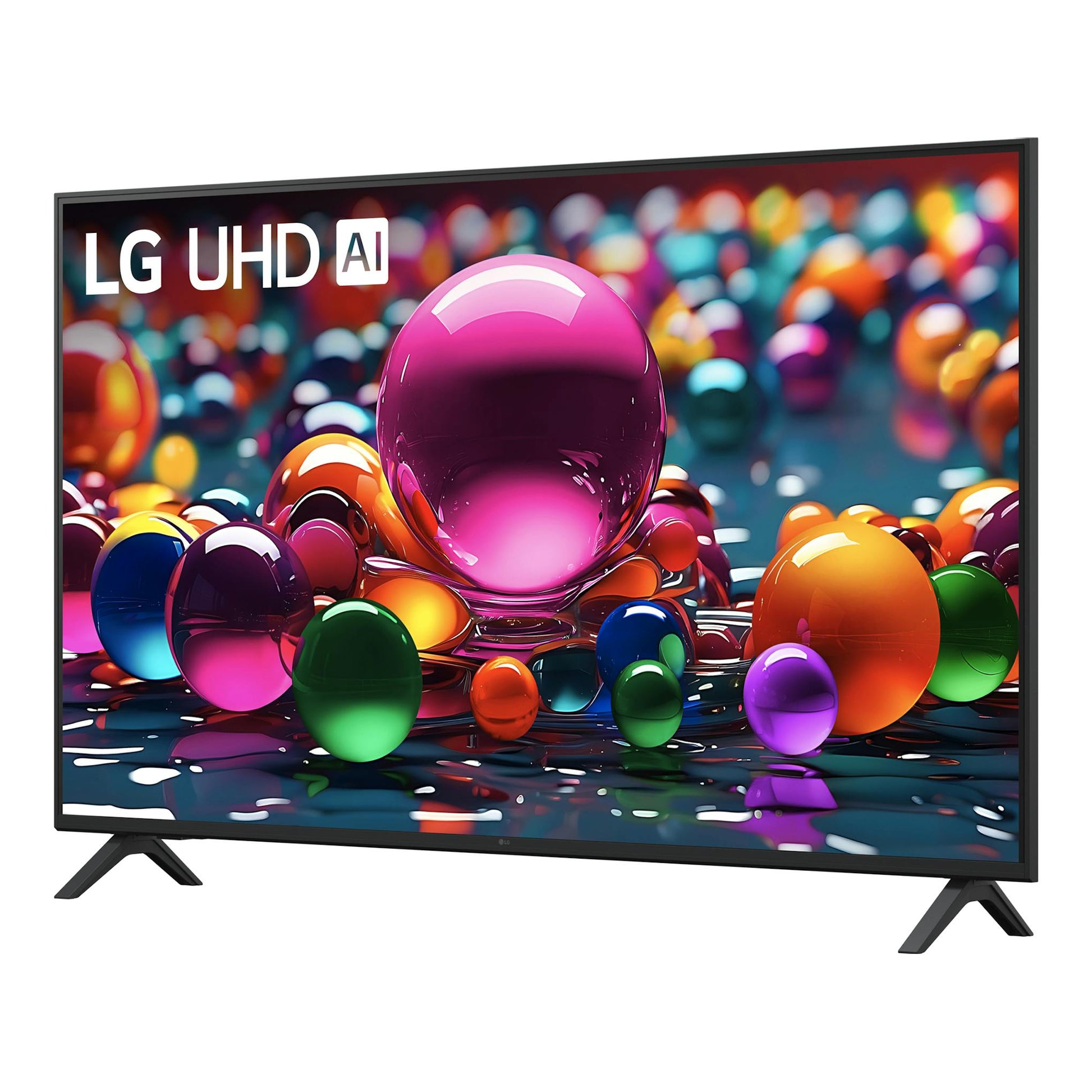 Televisor LG 55UA75006LA UHD AI negro, vista frontal en ángulo, con patas laterales.