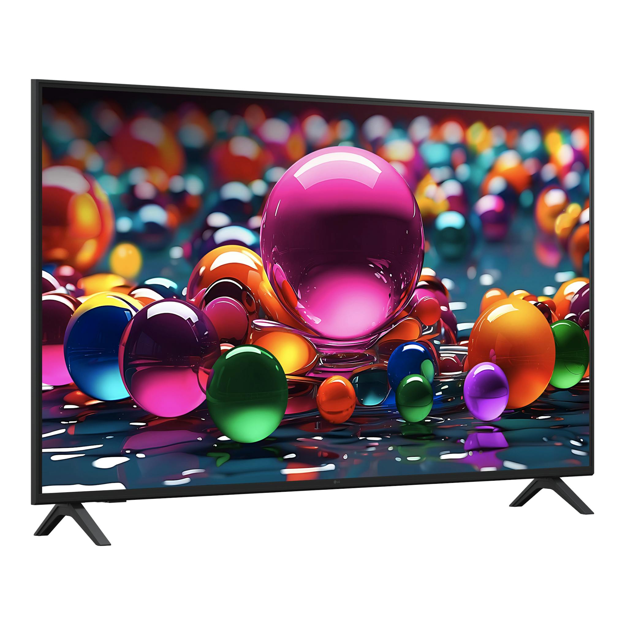 Televisor LG 55UA75006LA negro, vista frontal en ángulo, con dos patas y pantalla con esferas de colores.