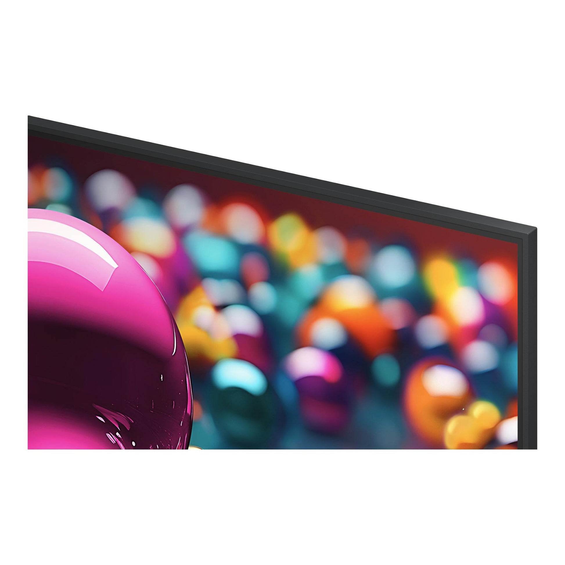 Televisor LG 55UA75006LA negro, visto en ángulo, con pantalla mostrando colores desenfocados.