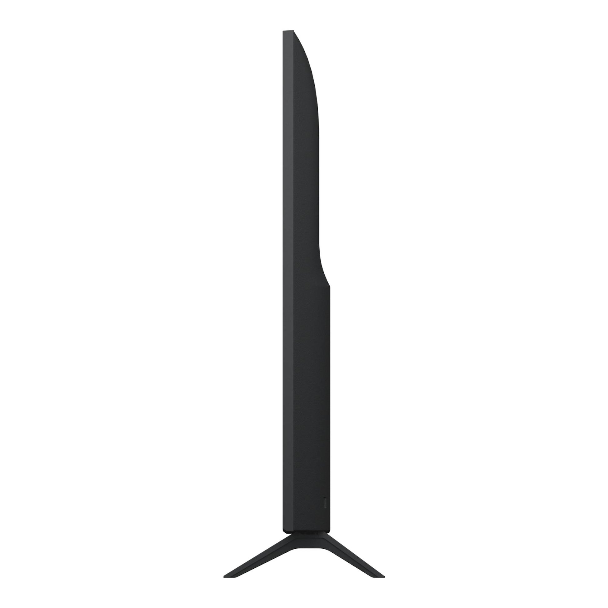 Televisor LG 55UA75006LA negro, vista lateral, sobre base de patas.