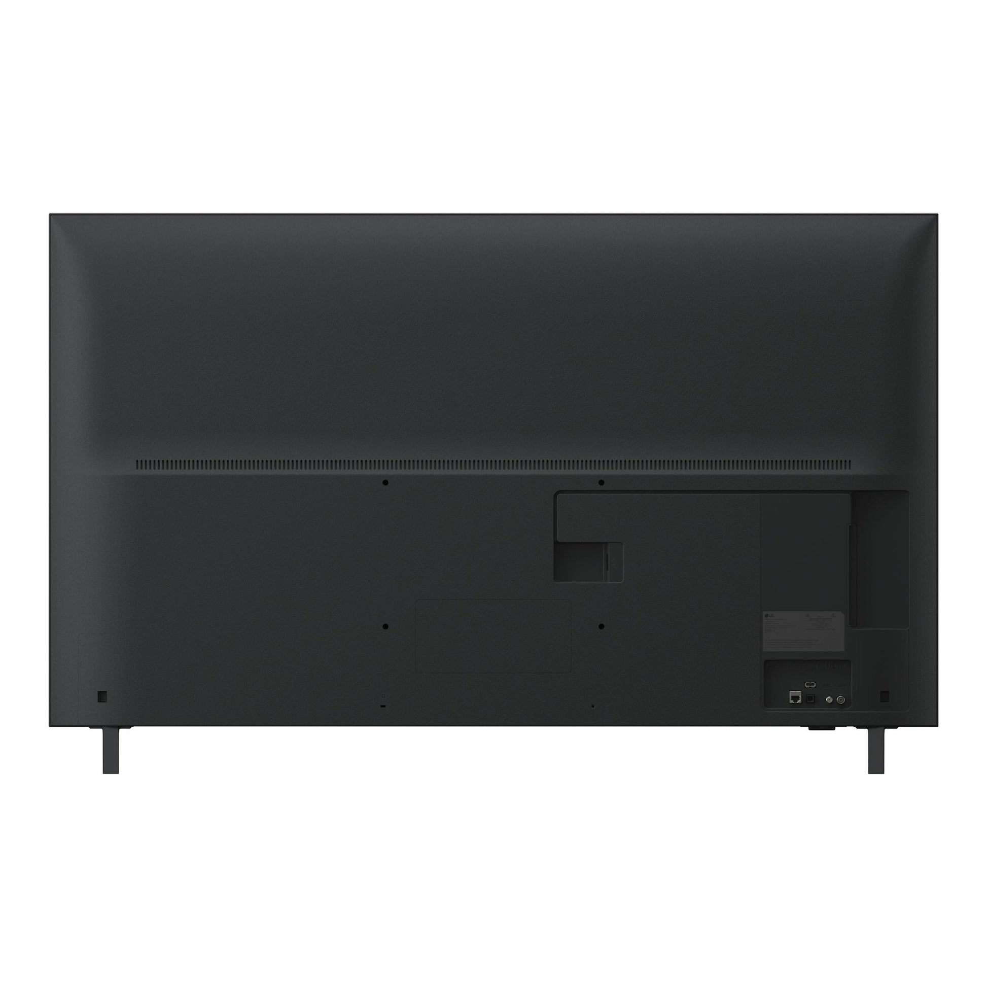 LG 55UA75006LA, televisor negro, vista trasera con patas y puertos en la parte inferior derecha.