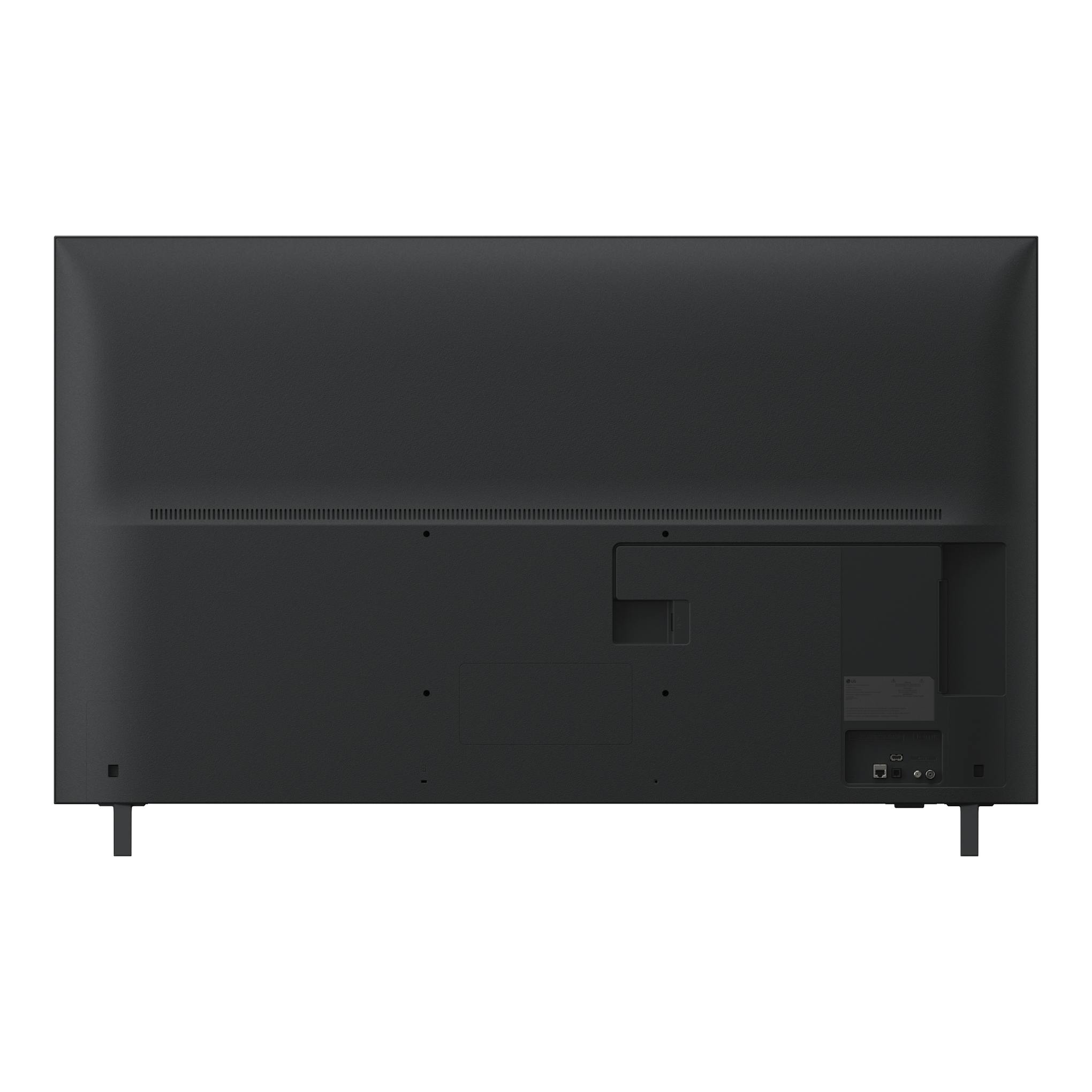 LG 55UA75006LA, televisor negro, vista trasera con patas y puertos en la parte inferior derecha.