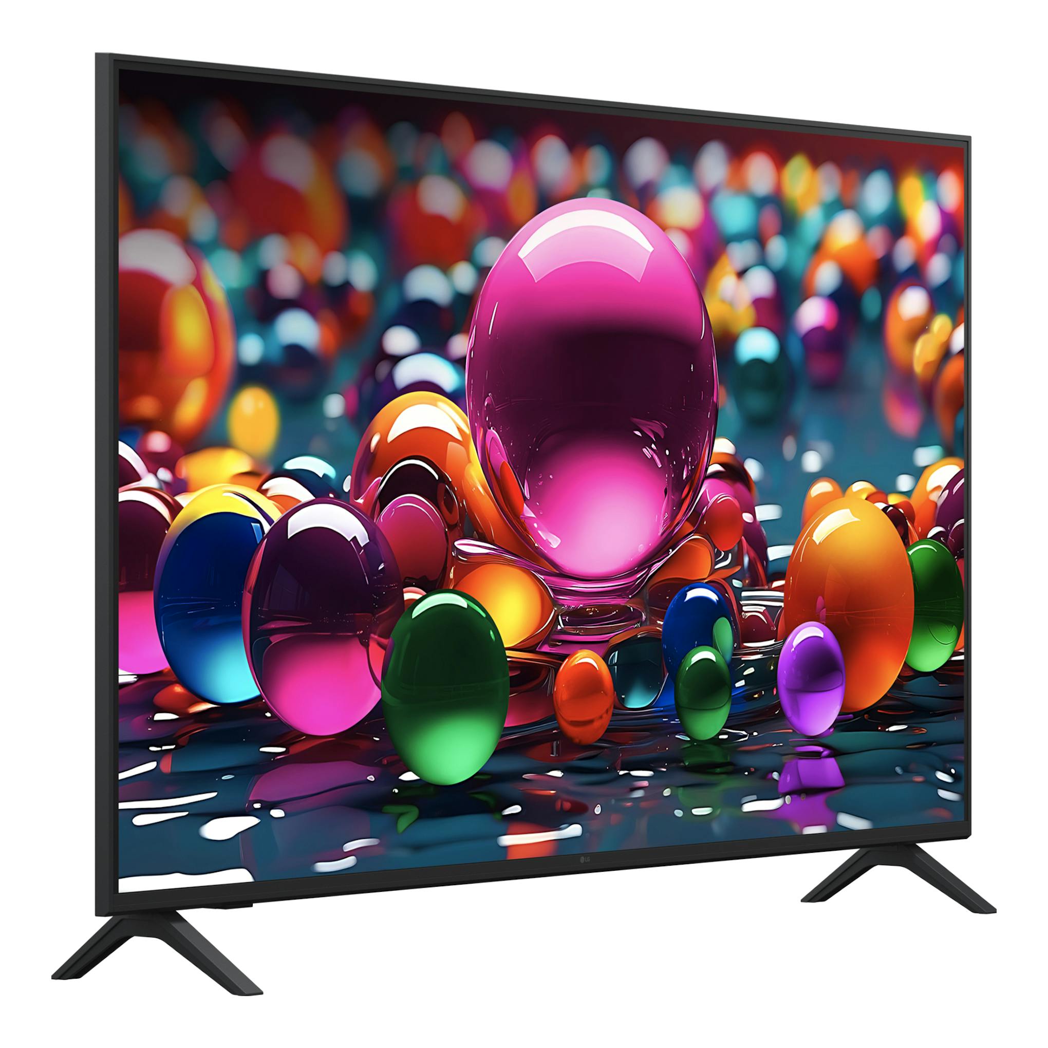 Televisor LG 55UA75006LA negro, visto en ángulo frontal 3/4, con dos patas y pantalla encendida.