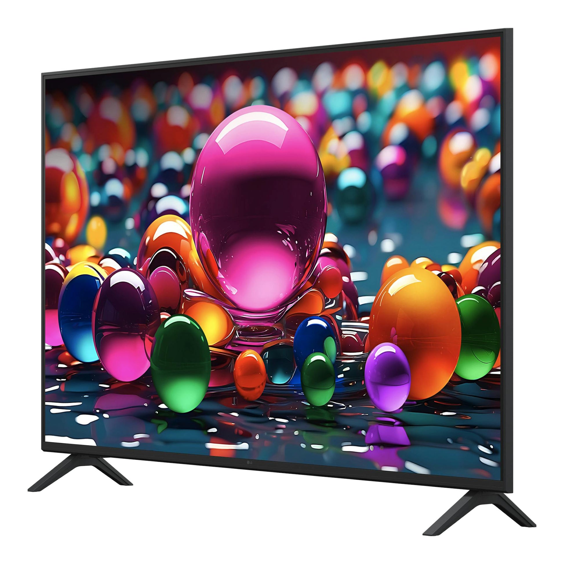 Televisor LG 55UA75006LA negro, vista frontal en ángulo, sobre fondo blanco, con pantalla de colores.