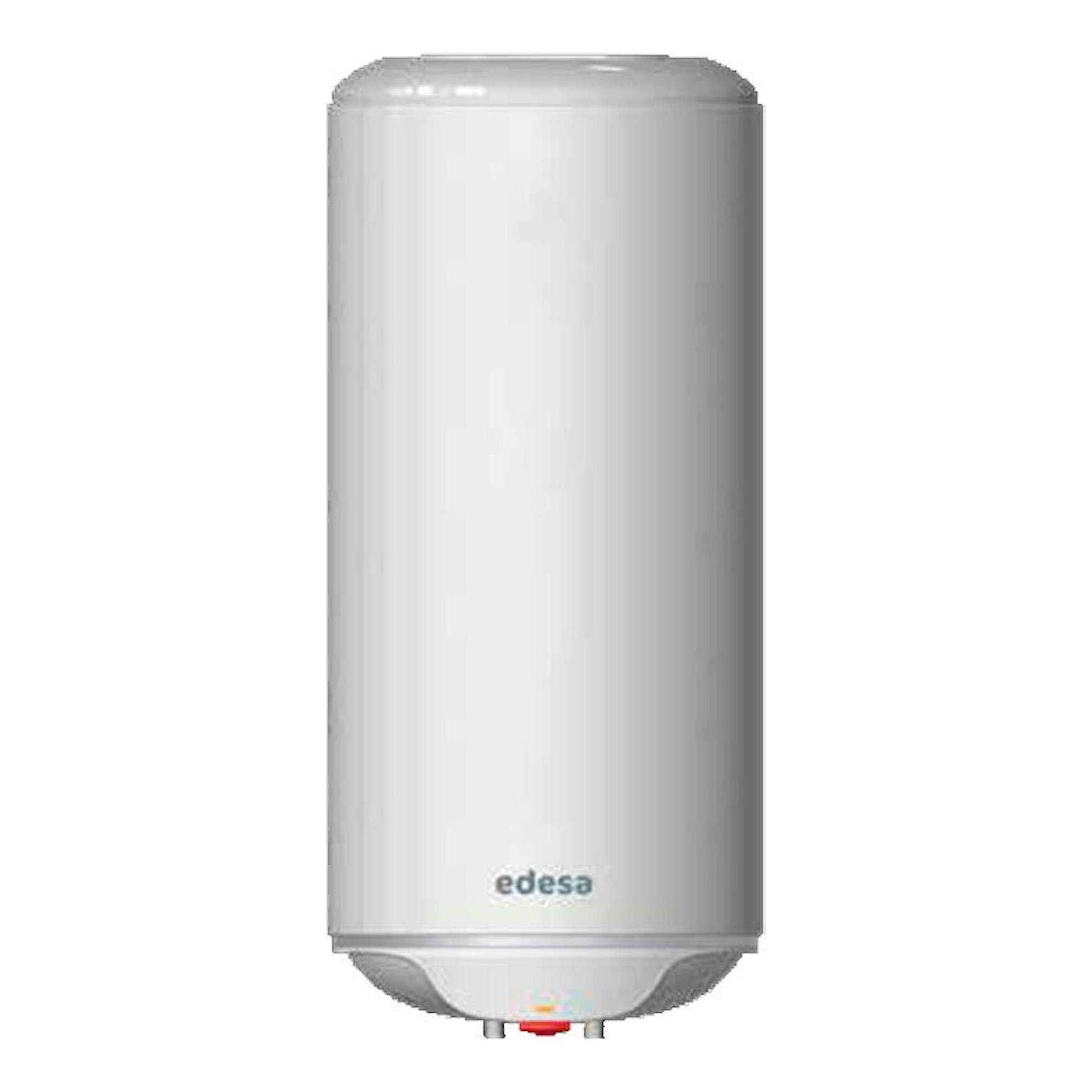 Termo eléctrico vertical blanco Edesa, vista frontal, con base inferior y conexiones visibles.