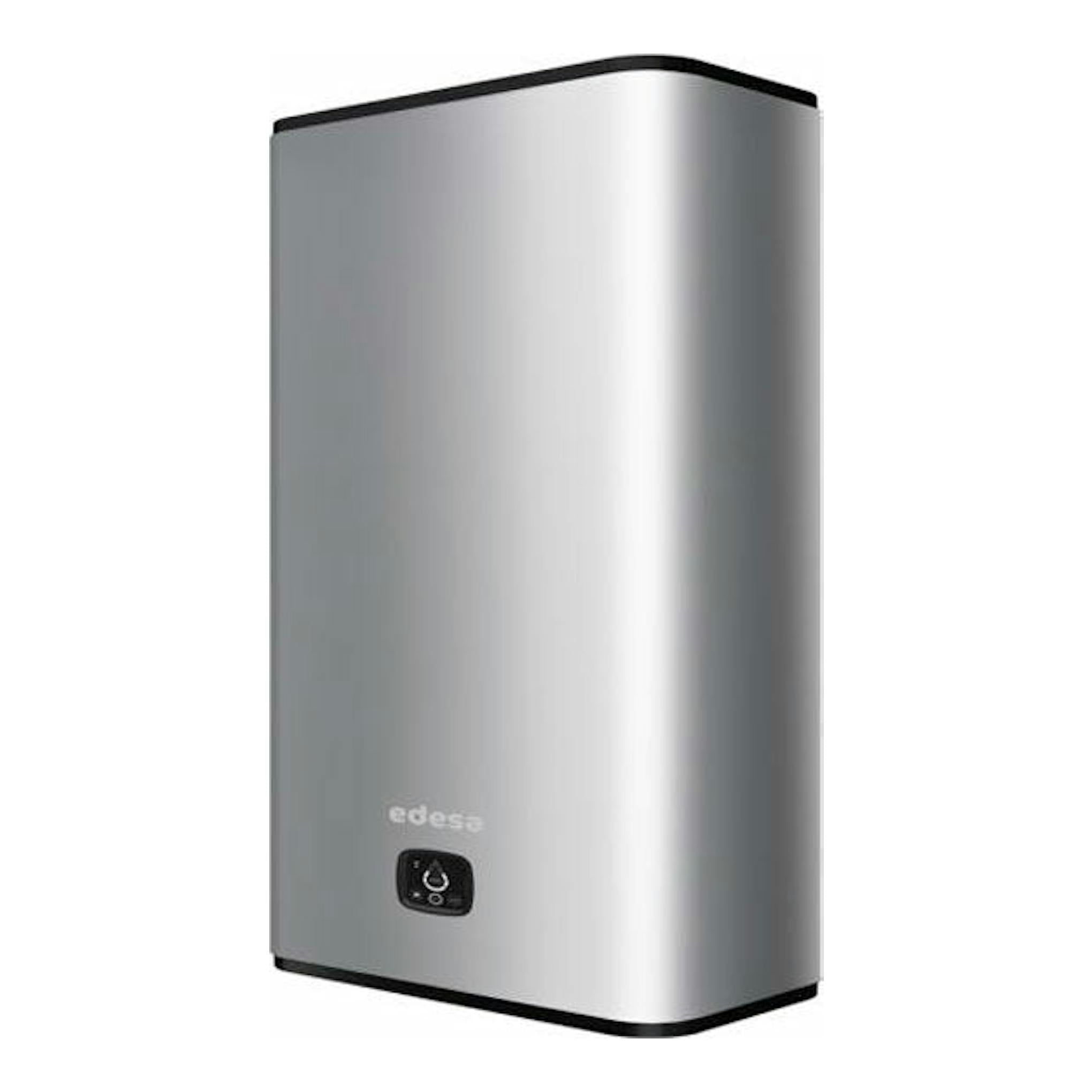 Termo eléctrico Edesa G. Atlantic Flat WiFi 50L, color plata, vista en ángulo.