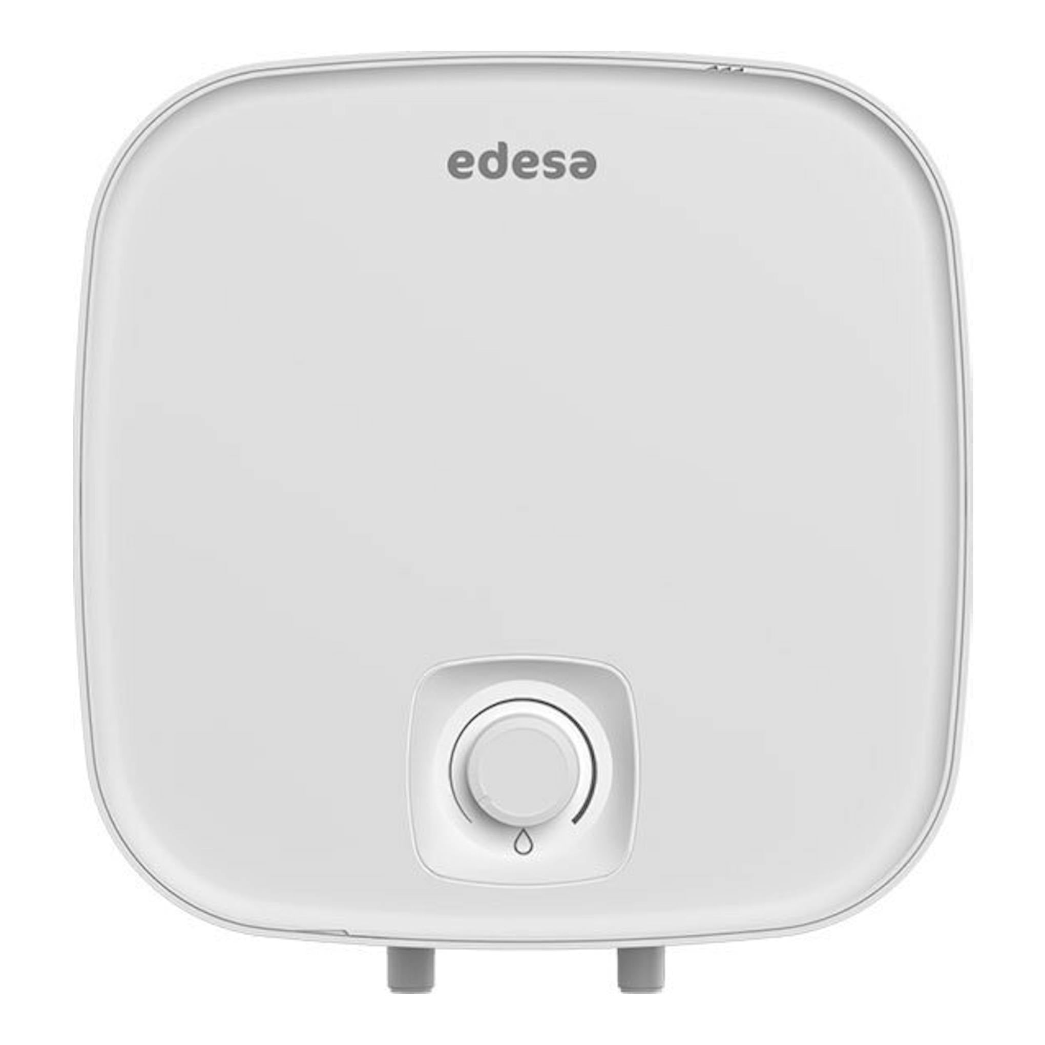 Termo eléctrico Edesa Mini 2022 30L blanco, vista frontal, con mando inferior y dos conexiones.