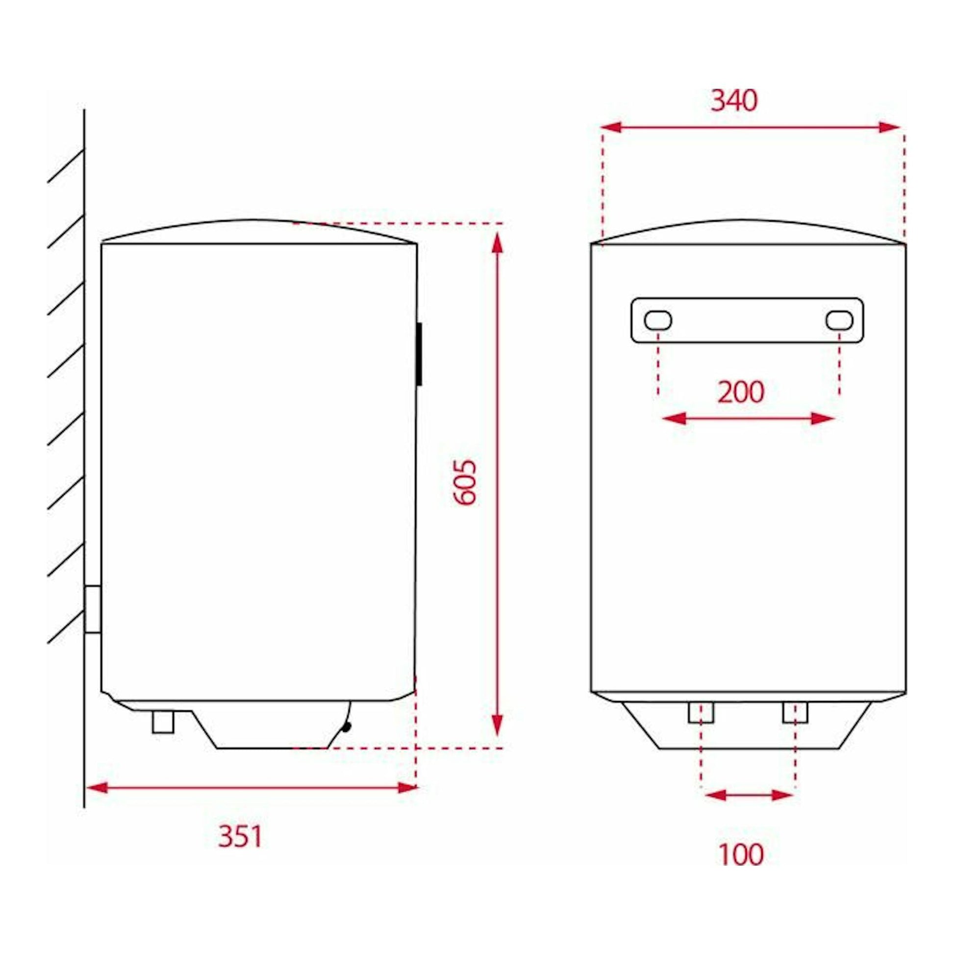 Termo eléctrico Teka EWH30C 30L, dibujo técnico en vista frontal y lateral con cotas en rojo.