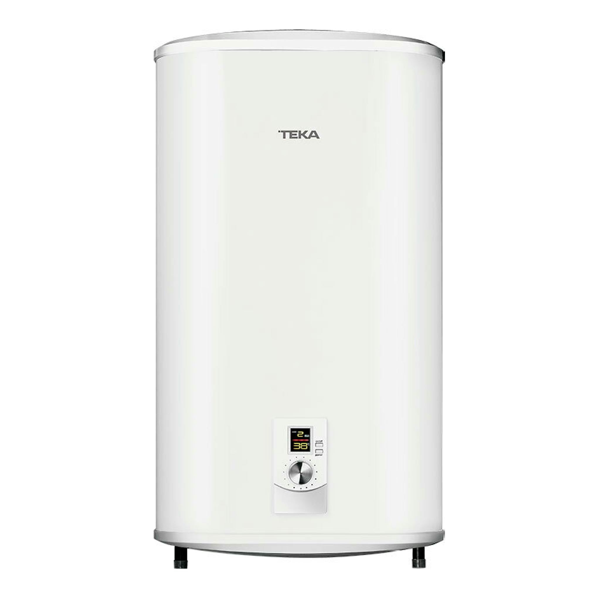 Termo eléctrico Teka SHS100SLIM blanco, vista frontal, con panel de control inferior.